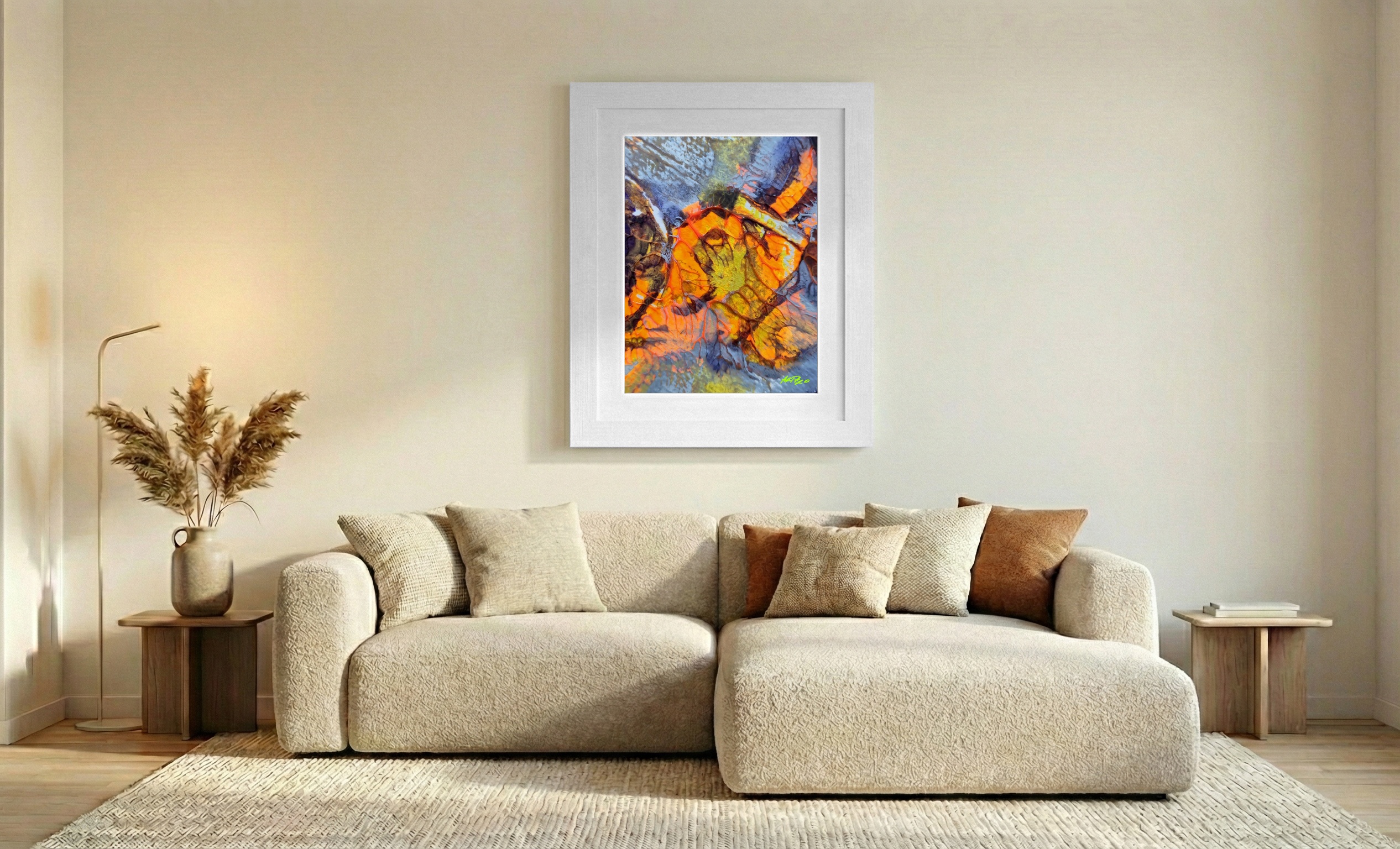 Fiery Orange and Grey Organic Abstract — art on the wall, room interior preview 2