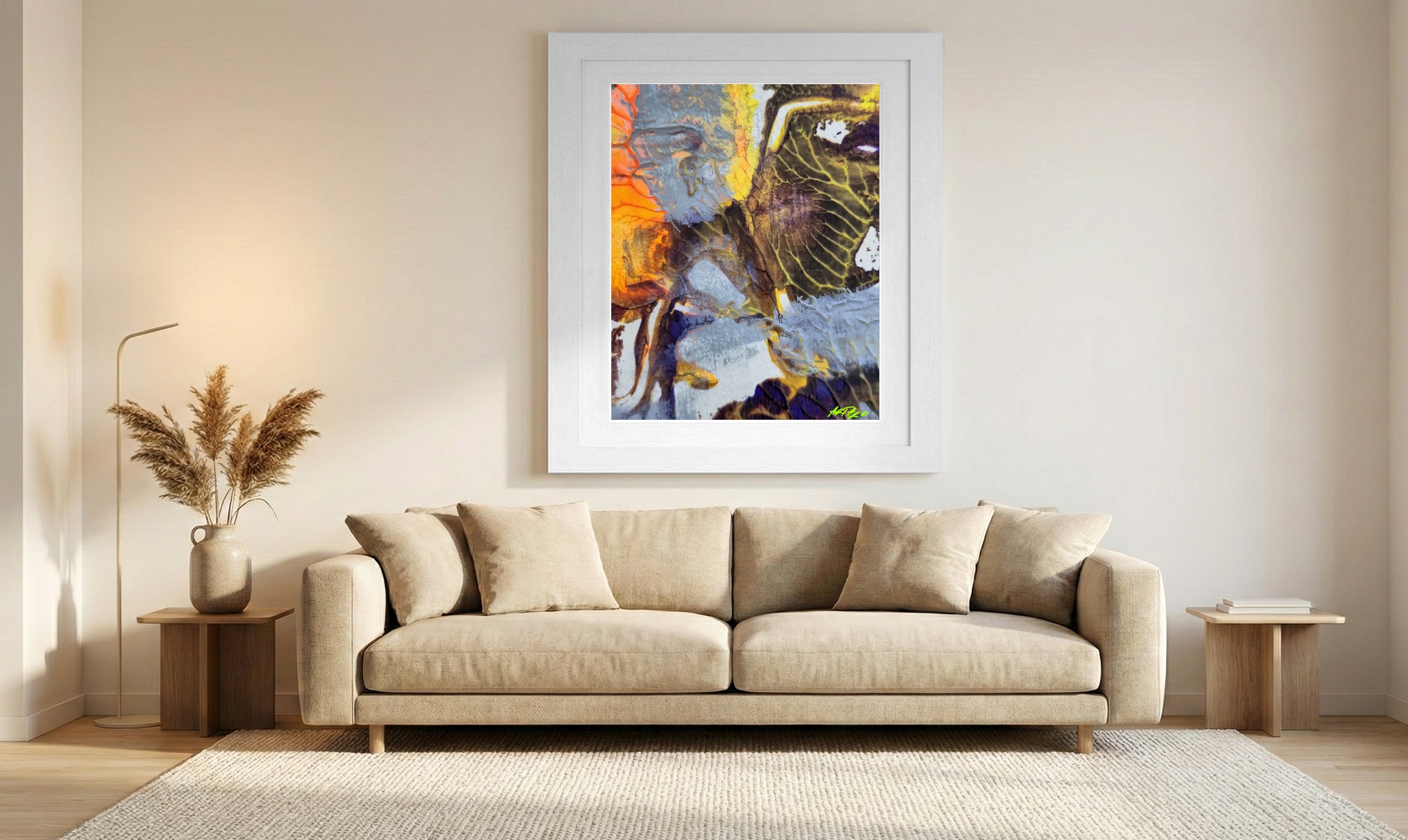 Dynamic Orange and Grey Nebula Abstract — art on the wall, room interior preview 1