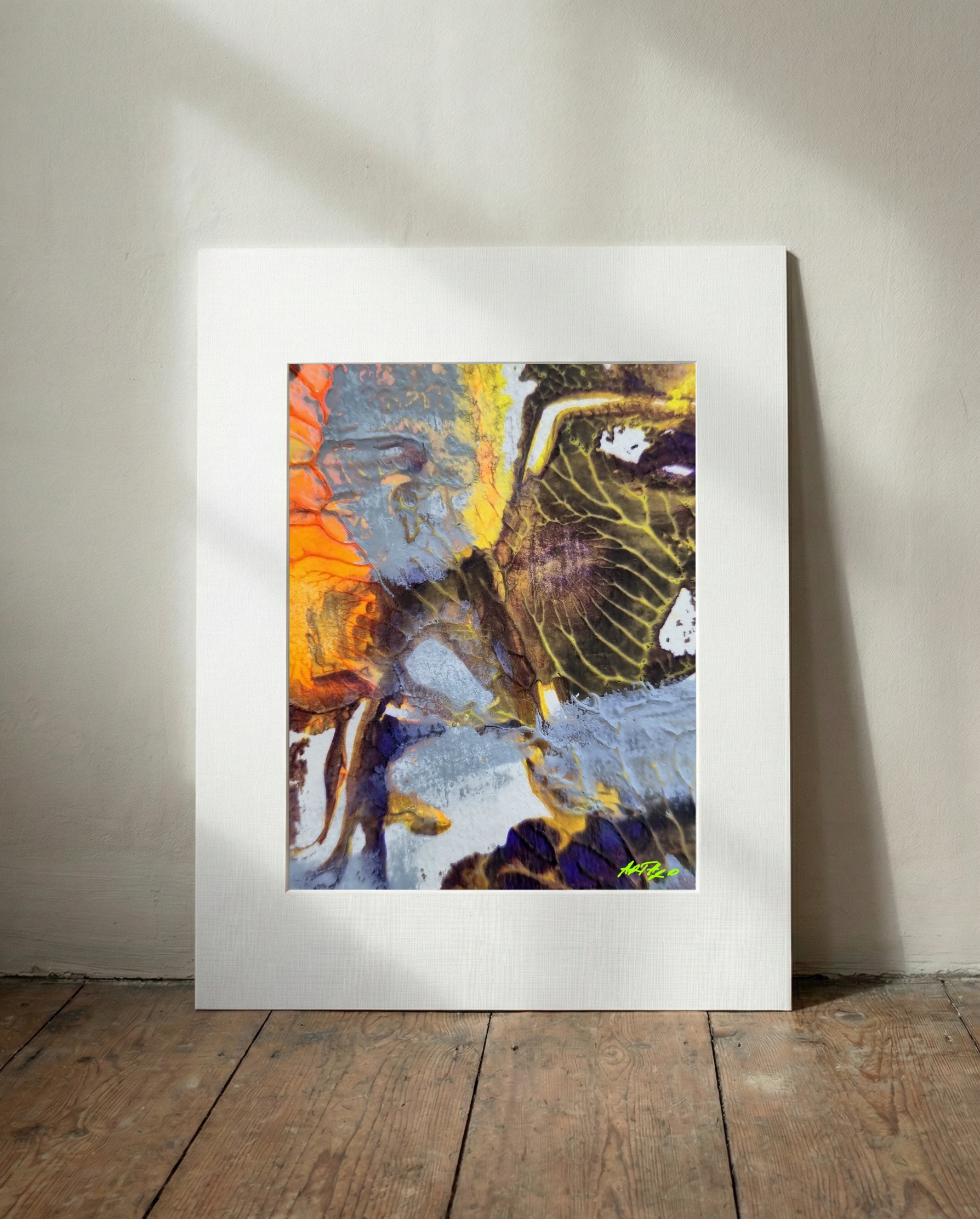 Dynamic Orange and Grey Nebula Abstract — art on the wall, room interior preview 3