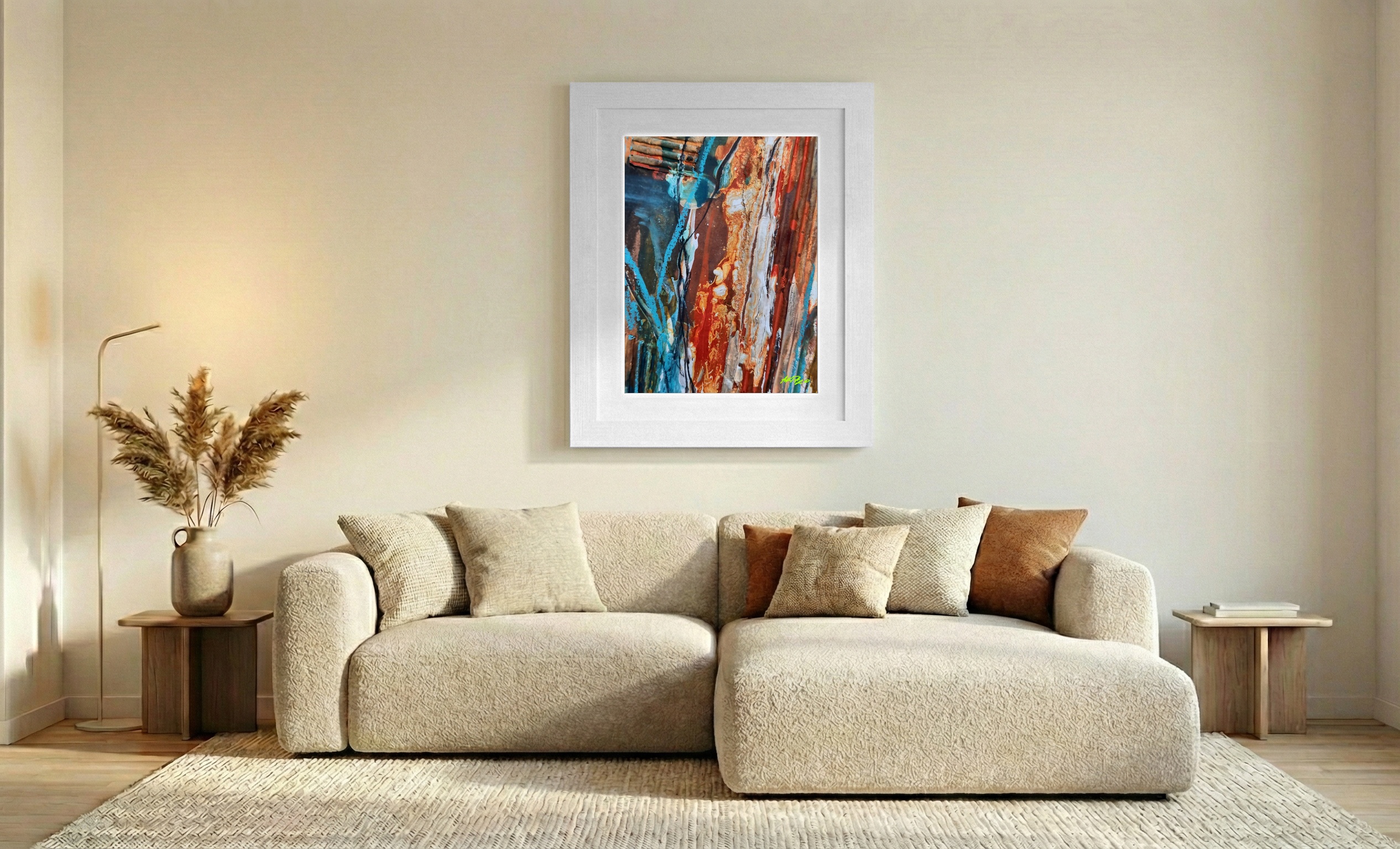 Blue and Orange Flowing Texture — art on the wall, room interior preview 2