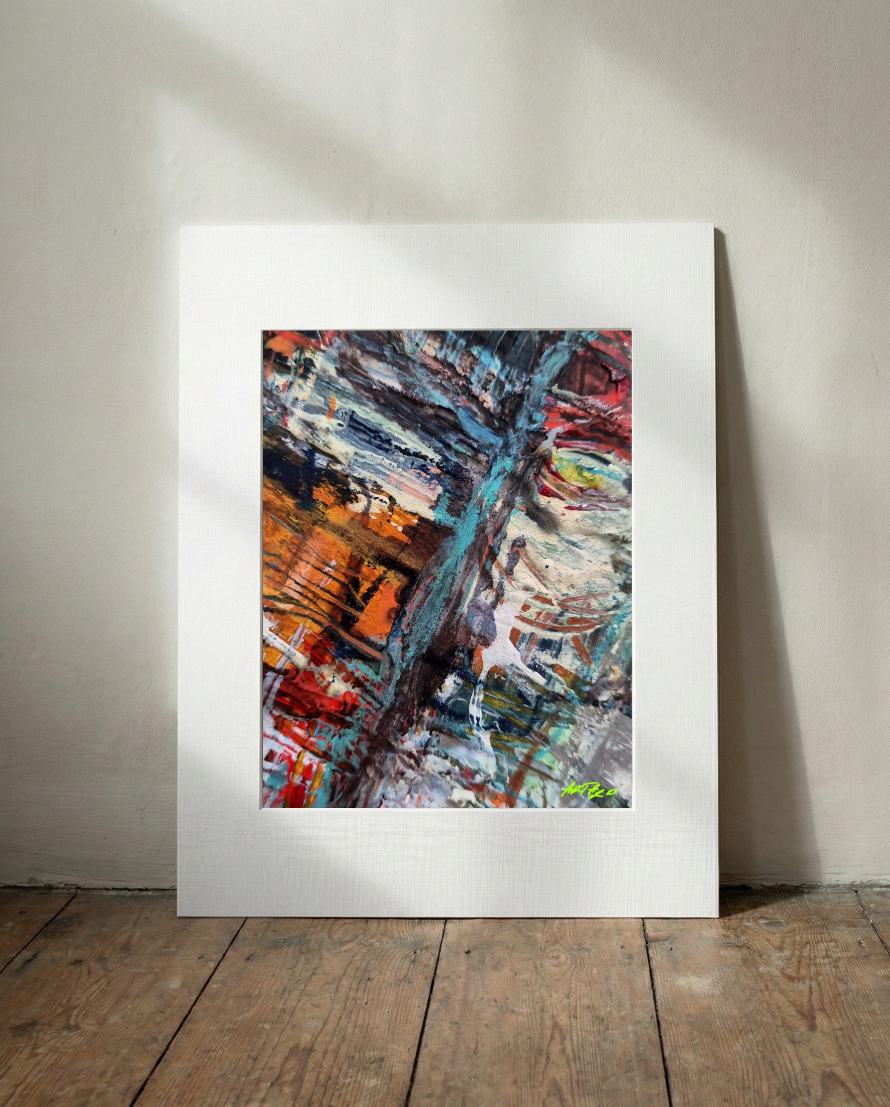 Earthy Teal and Crimson Abstract Landscape — art on the wall, room interior preview 3