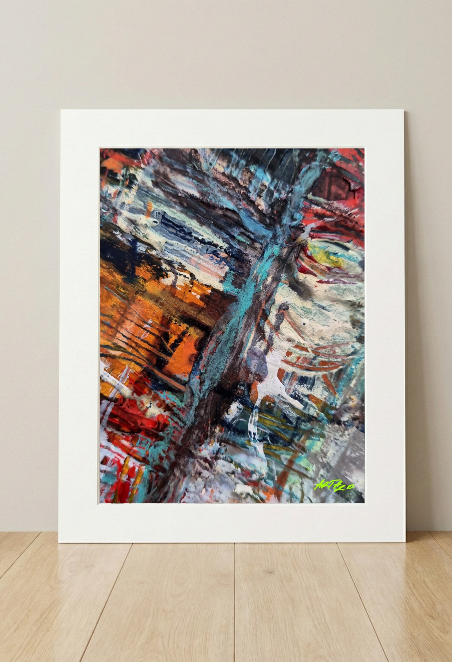 Earthy Teal and Crimson Abstract Landscape — art on the wall, room interior preview 2