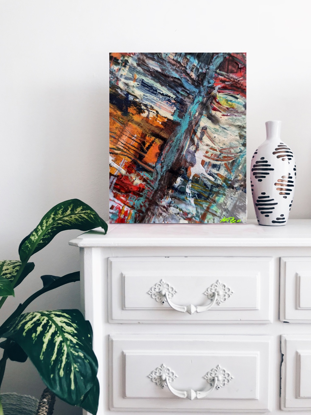 Earthy Teal and Crimson Abstract Landscape — art on the wall, room interior preview 3