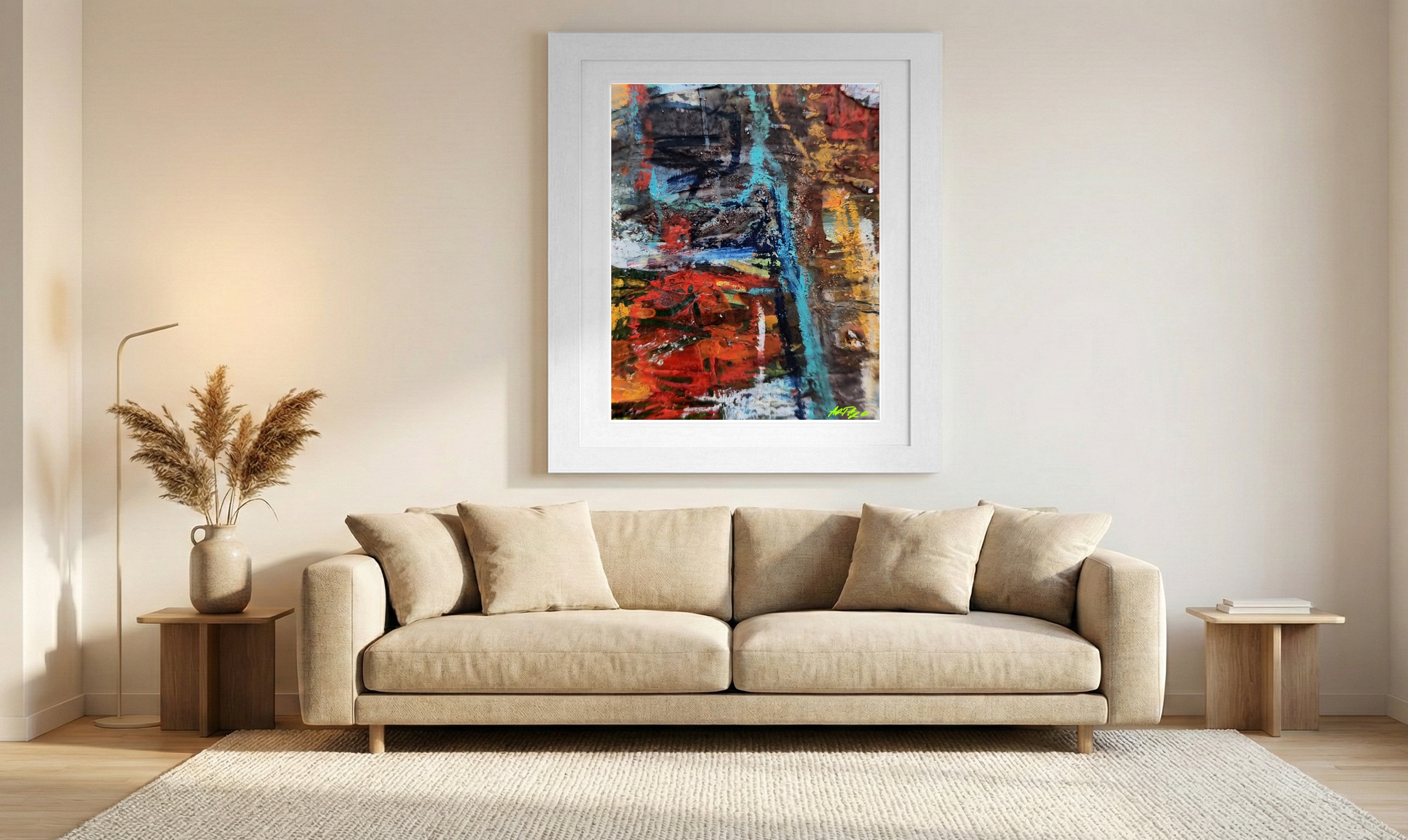 Energetic Urban Composition in Teal and Red — art on the wall, room interior preview 1