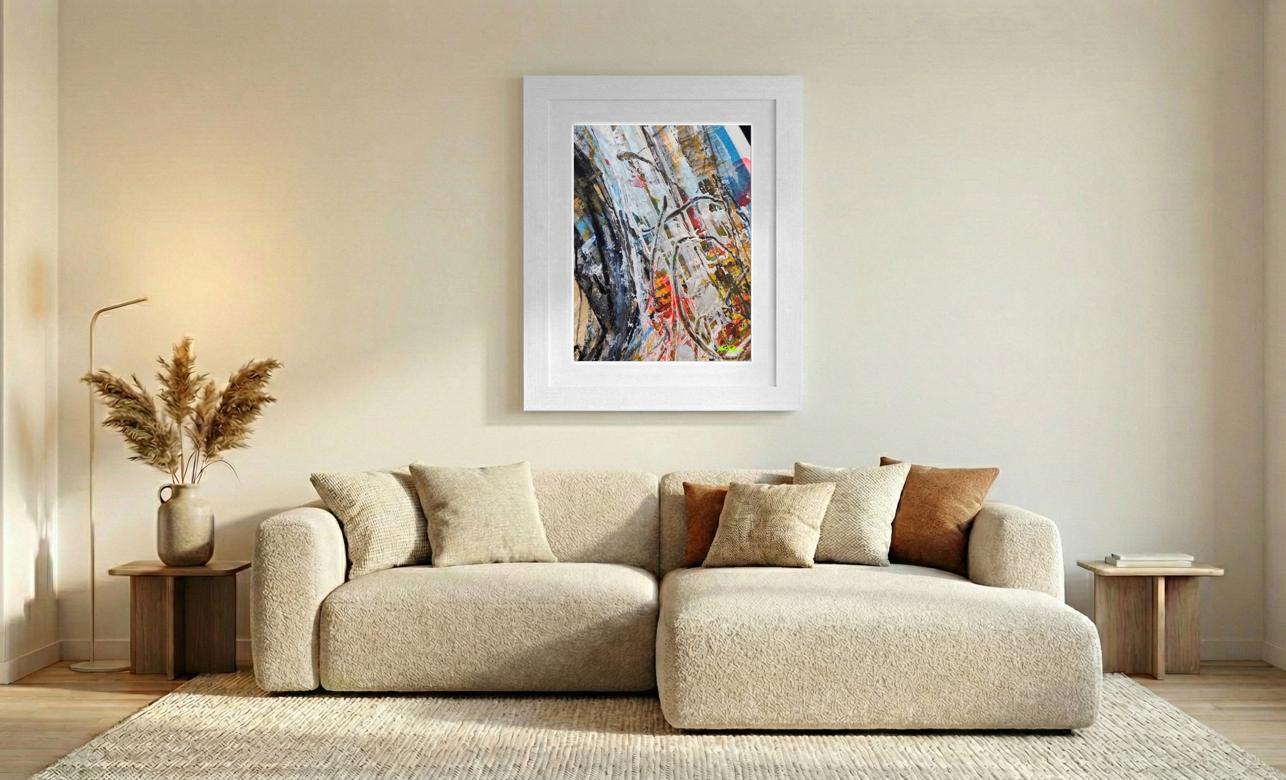 Textured Urban Abstract in Black, White, and Gold — art on the wall, room interior preview 2