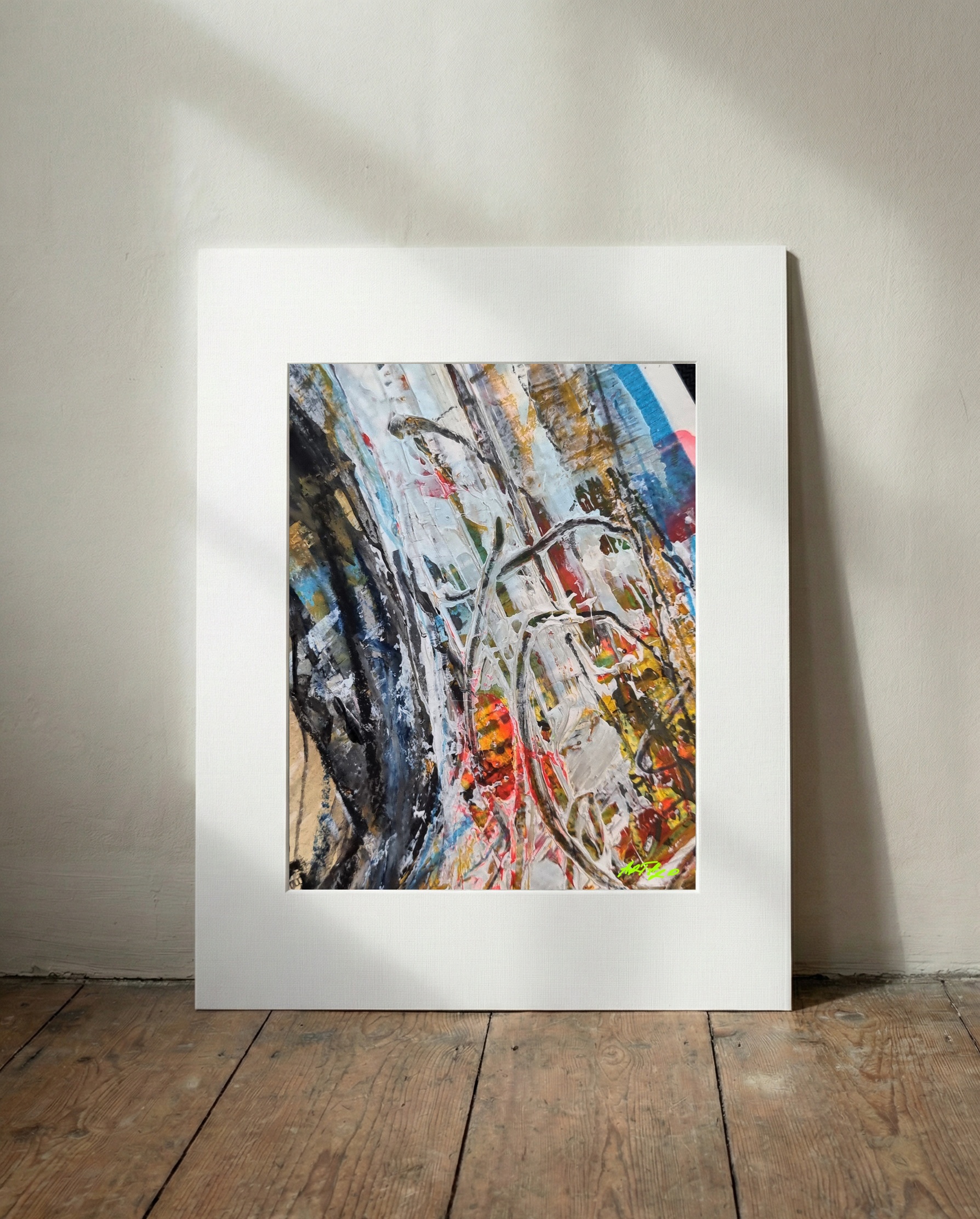 Textured Urban Abstract in Black, White, and Gold — art on the wall, room interior preview 3