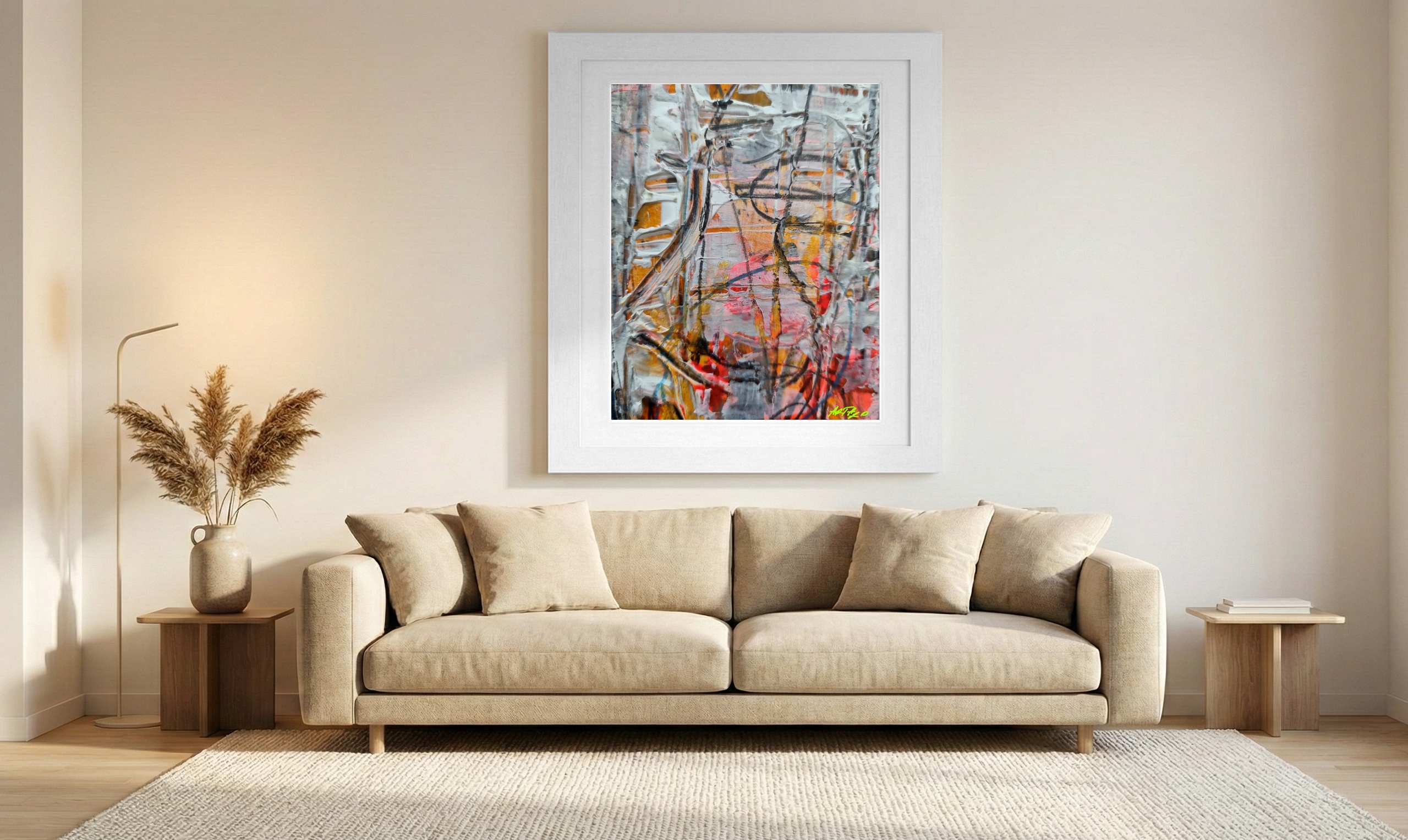 Vibrant Orange and White Interplay — art on the wall, room interior preview 1
