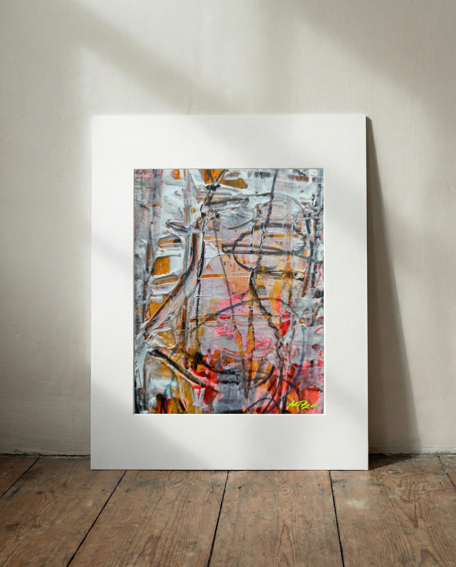 Vibrant Orange and White Interplay — art on the wall, room interior preview 3
