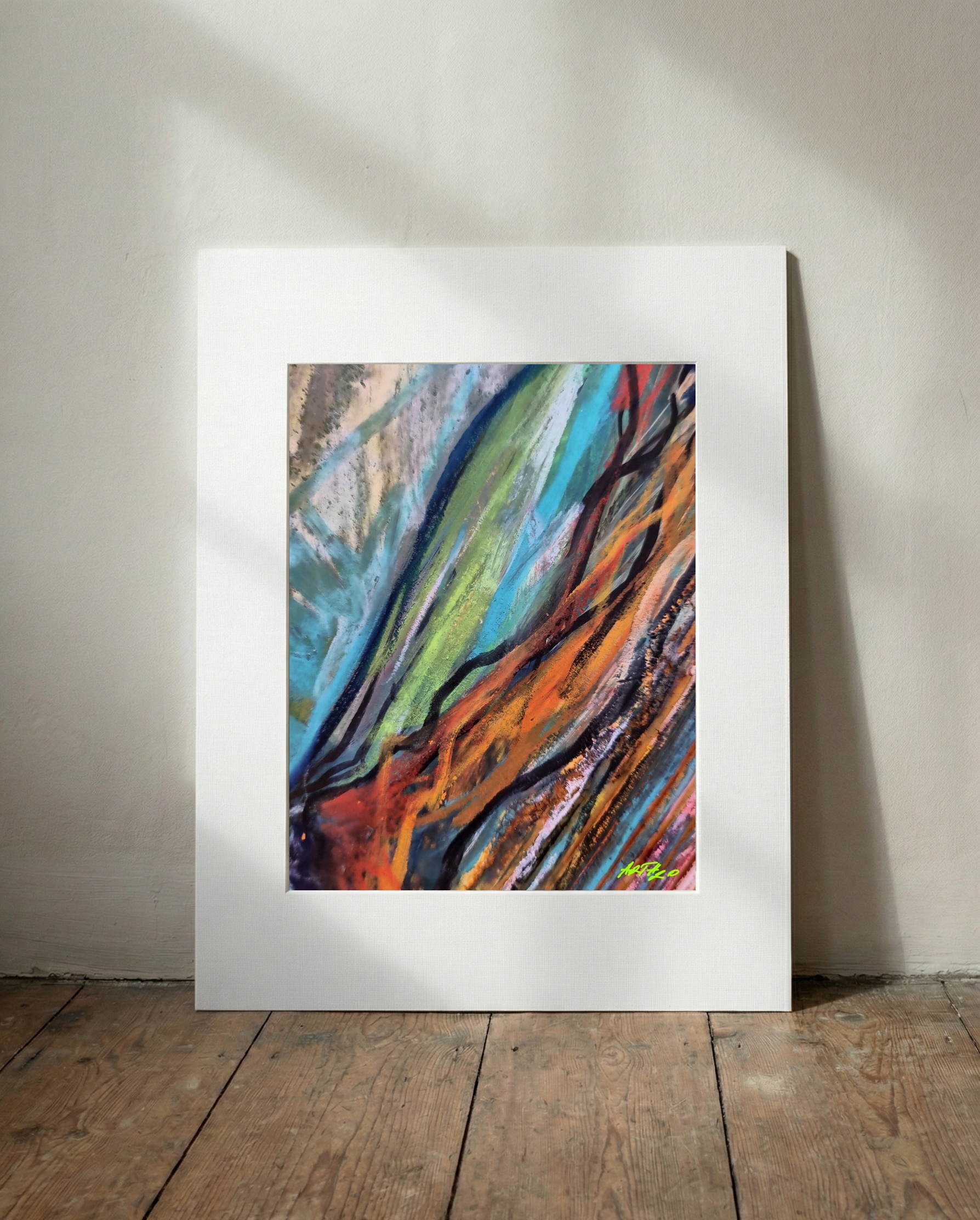 Dynamic Blues and Greens Abstract — art on the wall, room interior preview 3