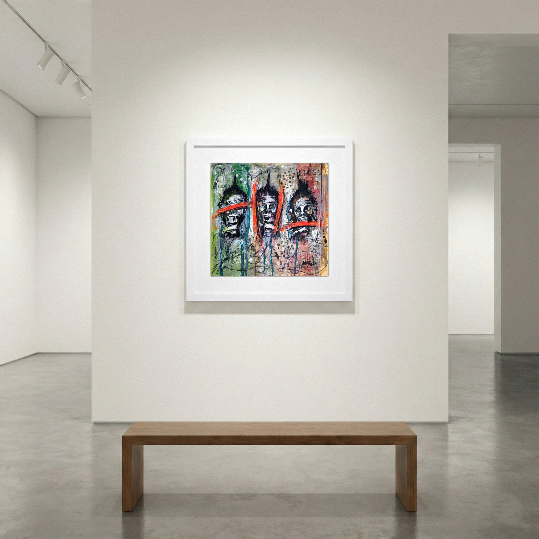 Red, Black, and Green Primate Portrait — art on the wall, room interior preview 1