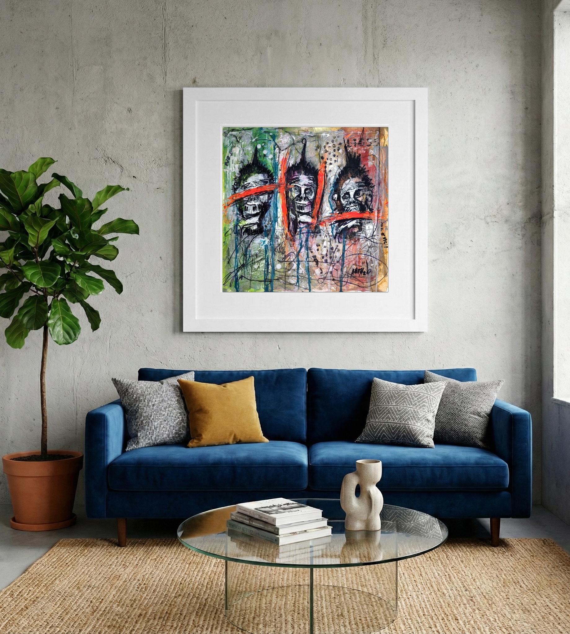 Red, Black, and Green Primate Portrait — art on the wall, room interior preview 2