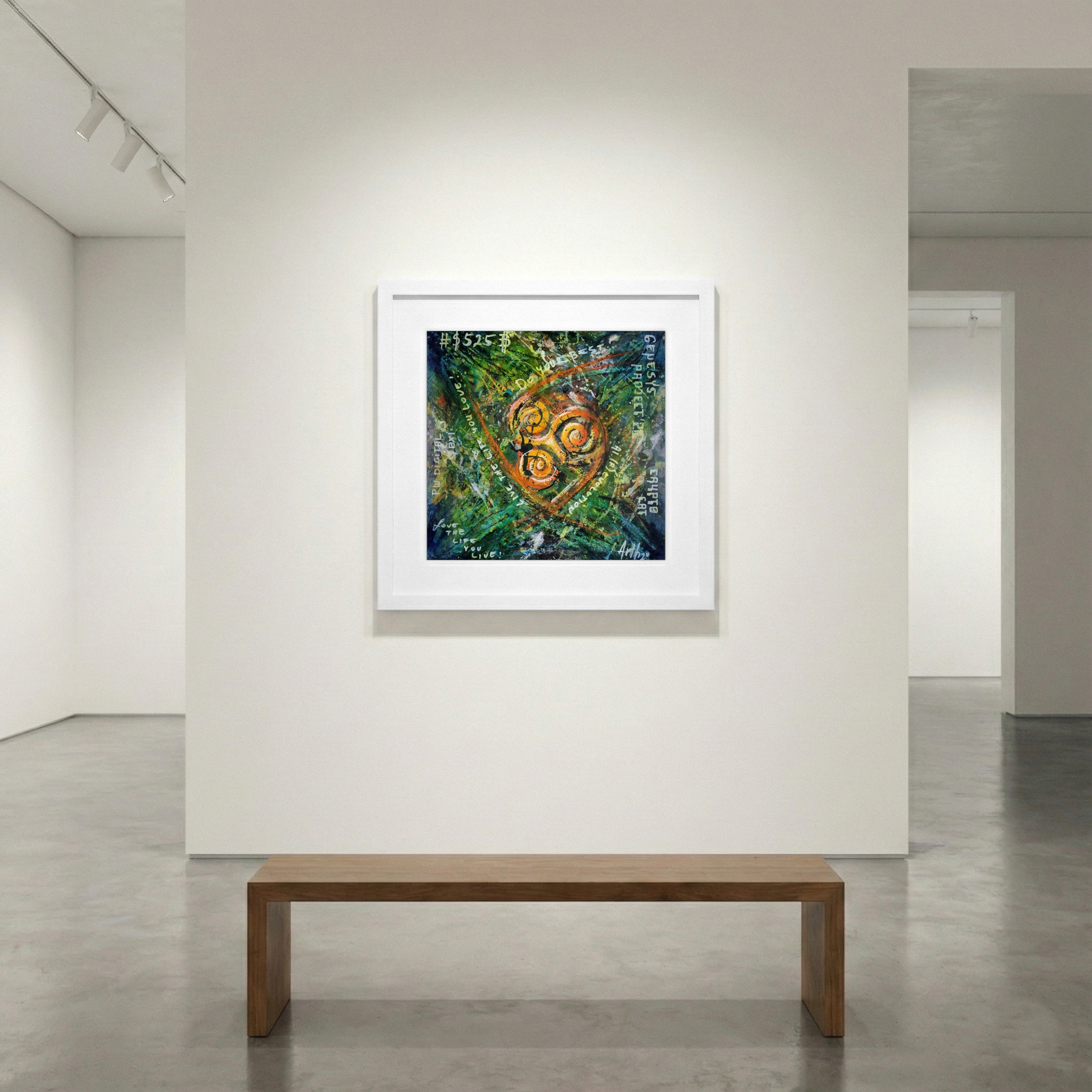 Green and Orange Digital Mandala — art on the wall, room interior preview 1