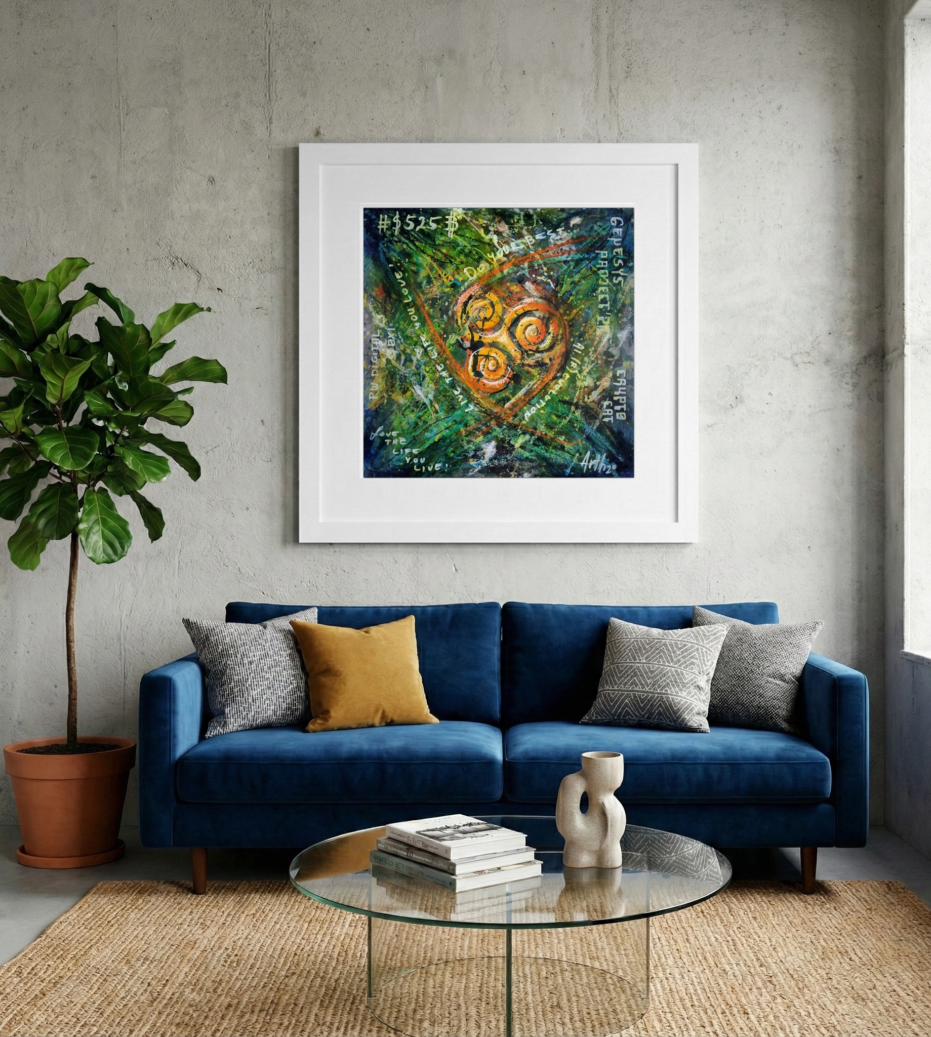 Green and Orange Digital Mandala — art on the wall, room interior preview 2