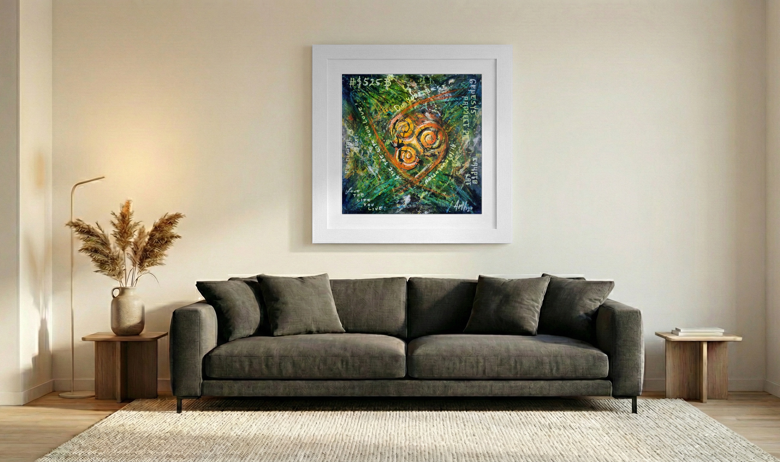 Green and Orange Digital Mandala — art on the wall, room interior preview 3