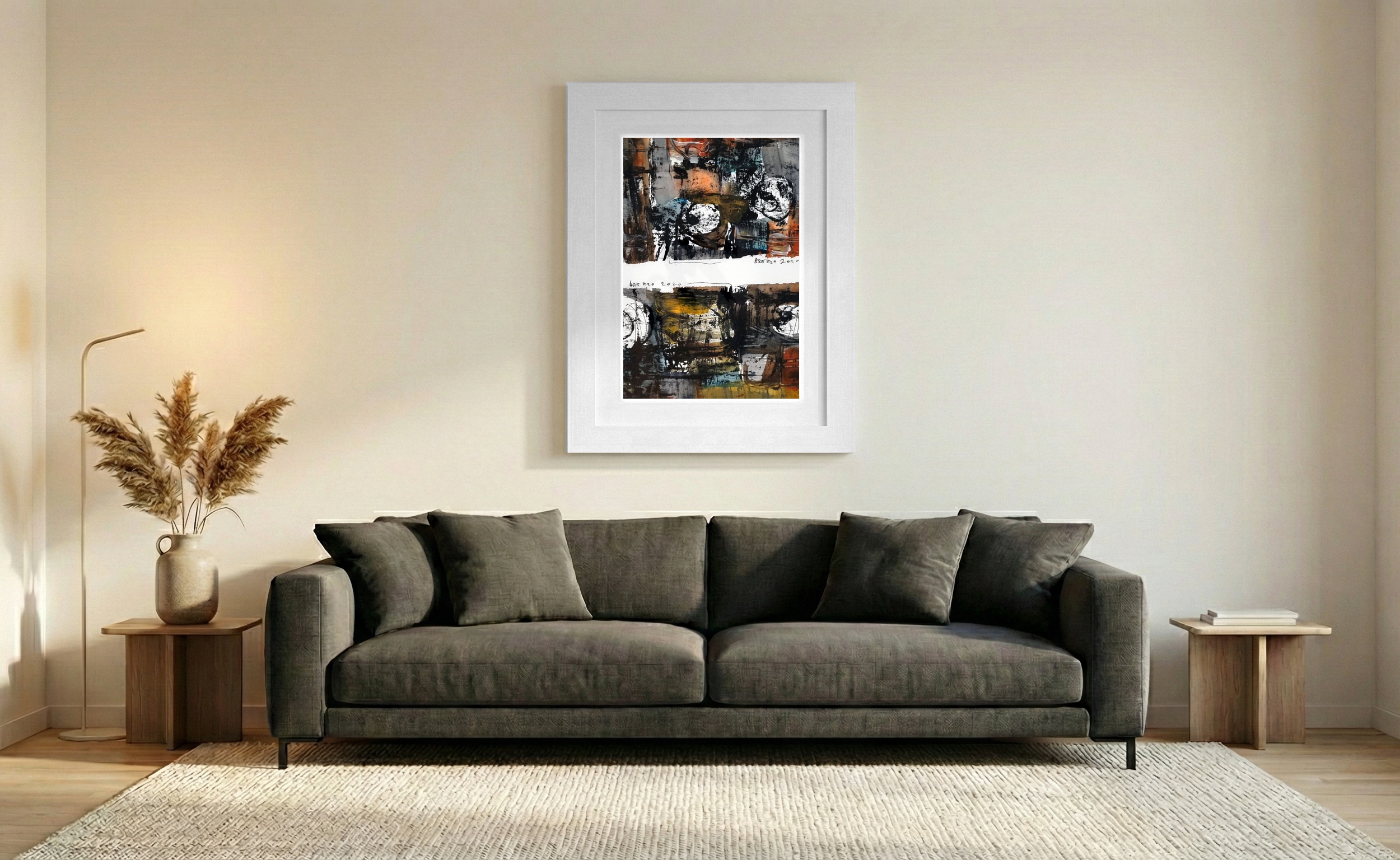 Black, Orange, and Grey Abstract Composition — art on the wall, room interior preview 1
