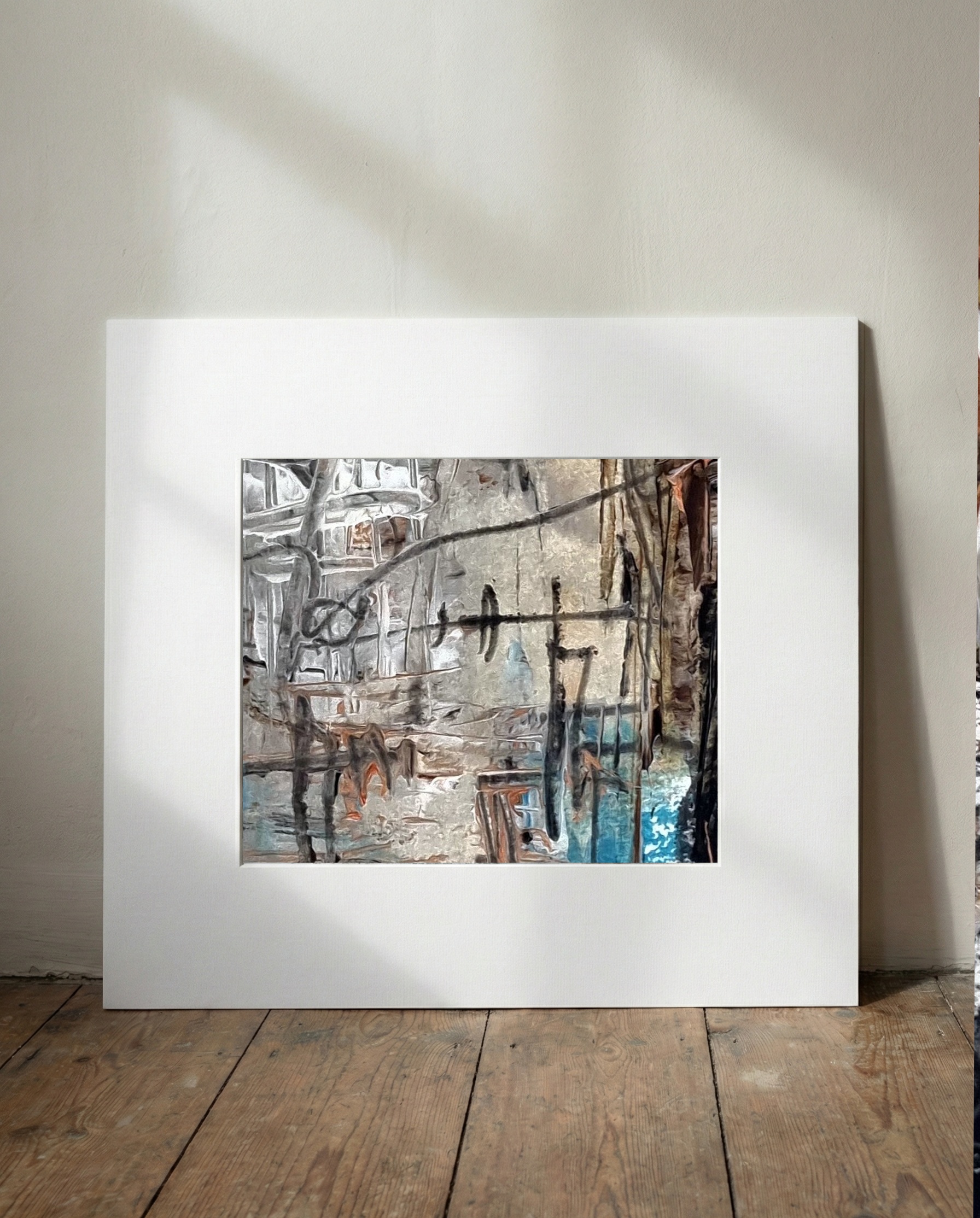 Urban Cityscape in Grey and Aqua — art on the wall, room interior preview 1