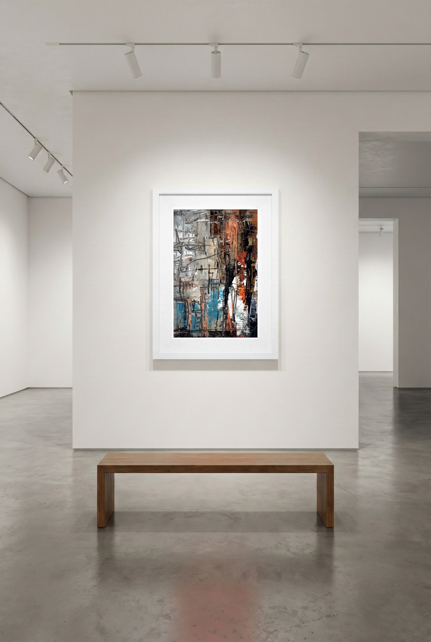 Urban Cityscape in Grey and Aqua — art on the wall, room interior preview 3