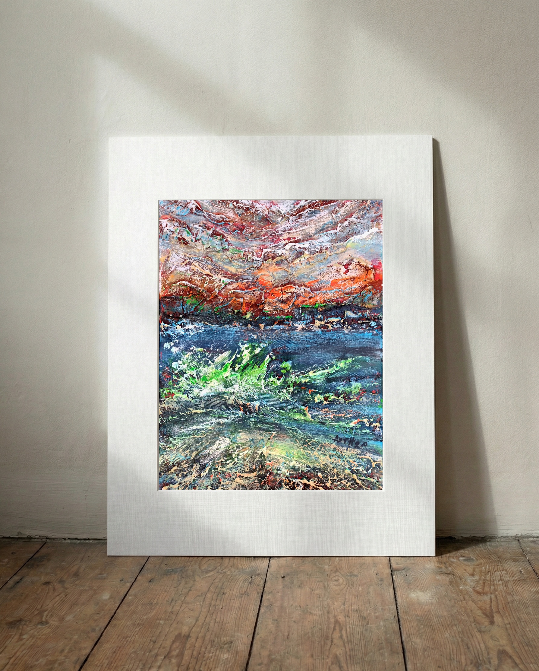 Abstract Seascape in Deep Blues and Oranges — art on the wall, room interior preview 2