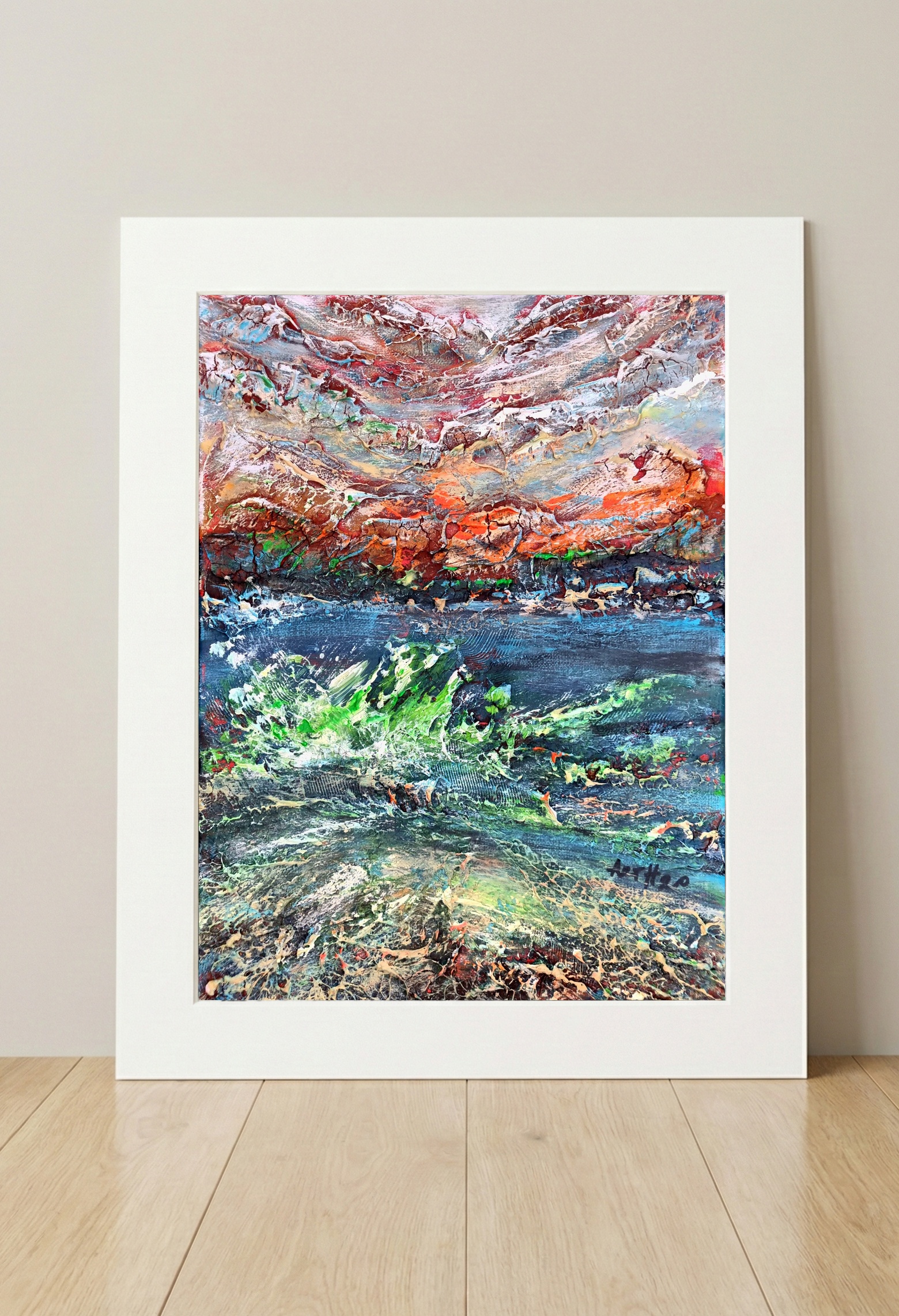 Abstract Seascape in Deep Blues and Oranges — art on the wall, room interior preview 3