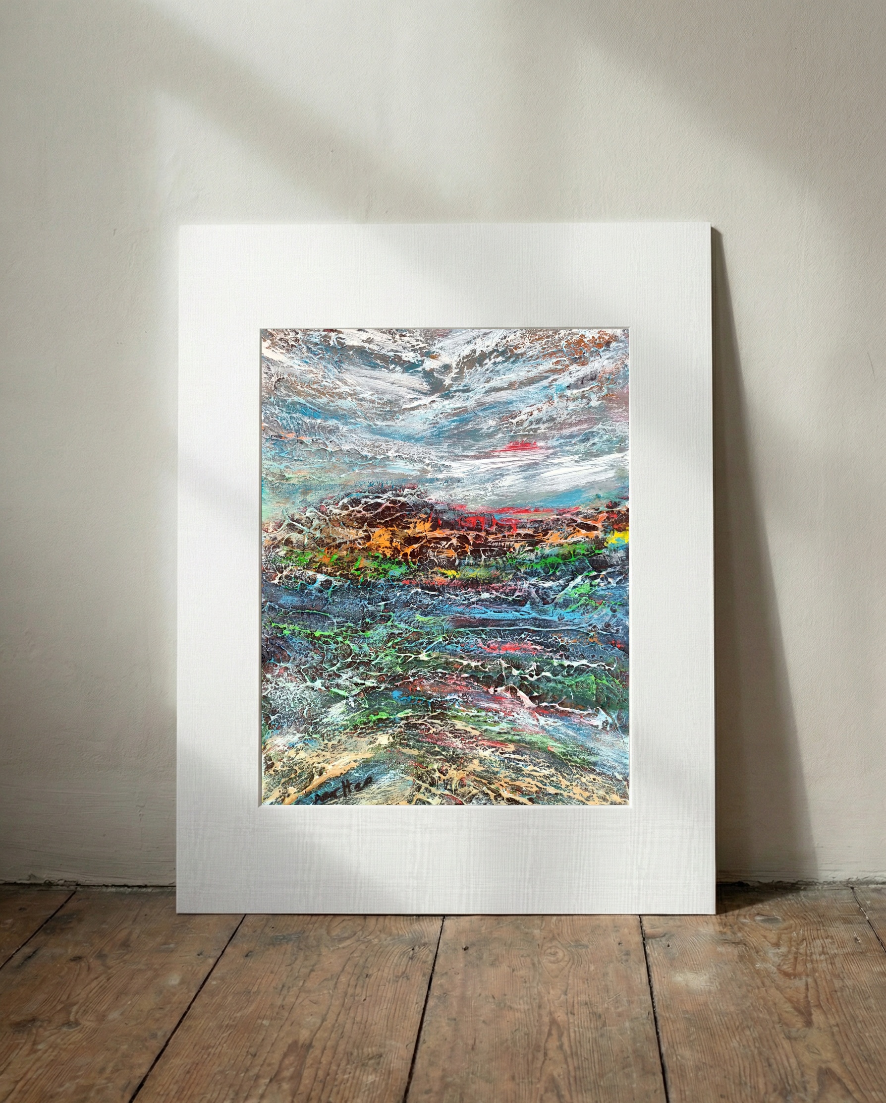 October's Hues, Irish Seascape in Blues and Oranges — art on the wall, room interior preview 2