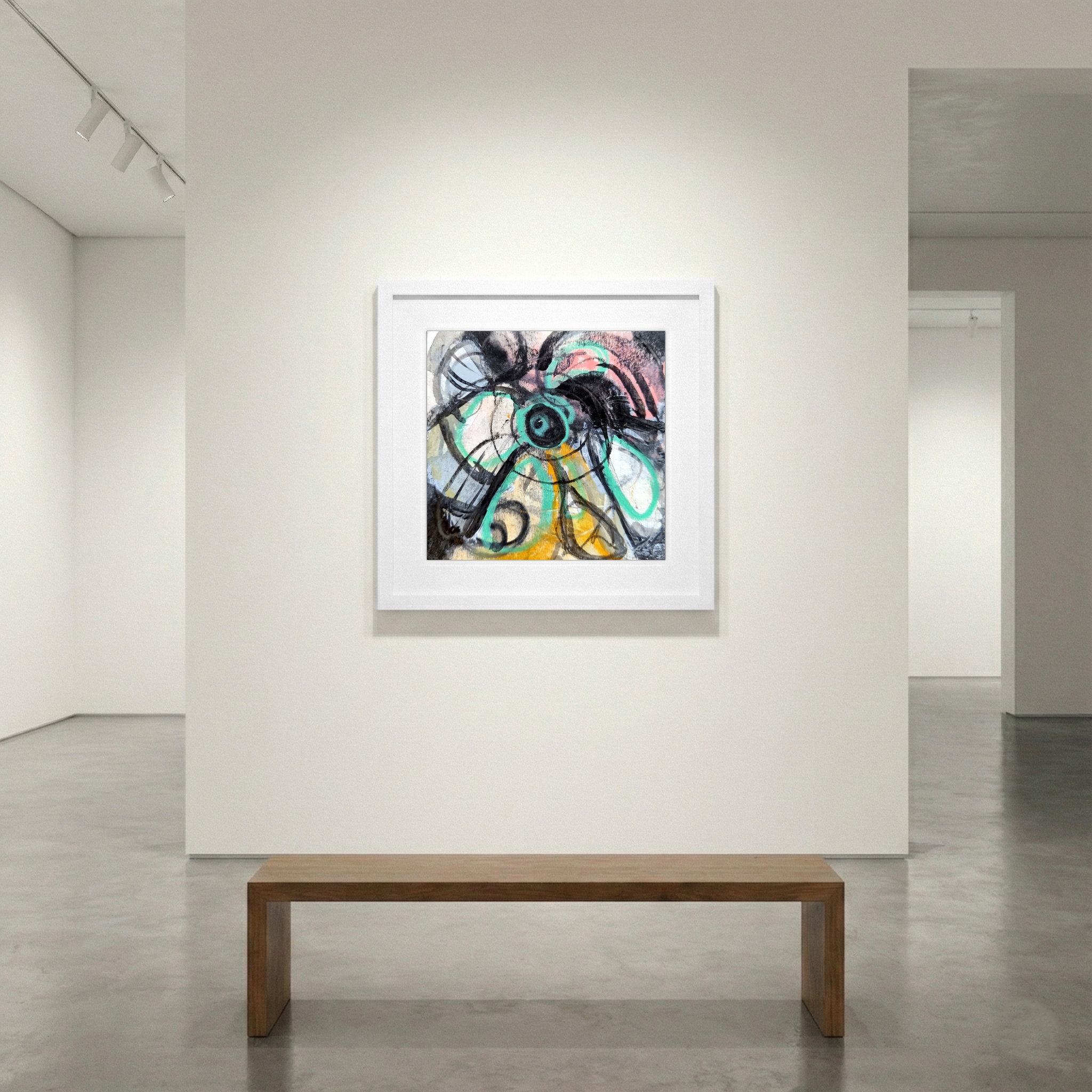 Whirling Energies, Abstract in Teal and Black — art on the wall, room interior preview 1