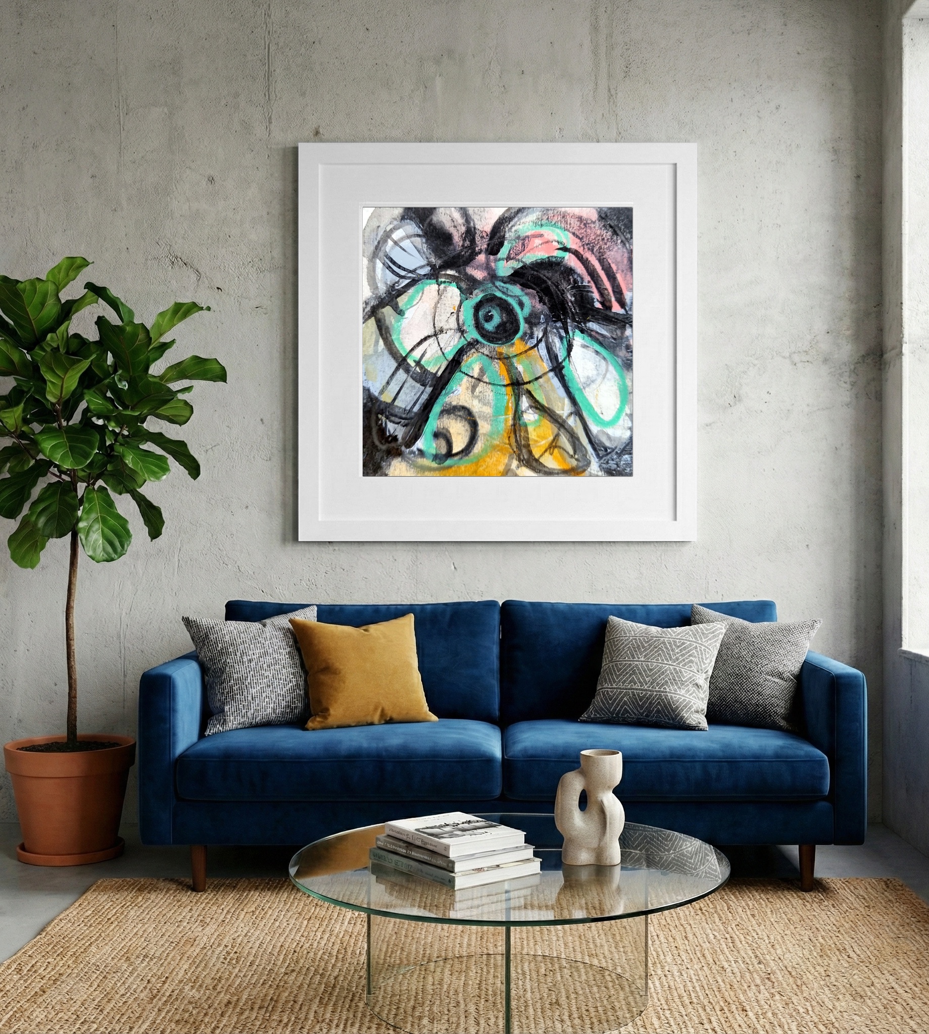 Whirling Energies, Abstract in Teal and Black — art on the wall, room interior preview 2