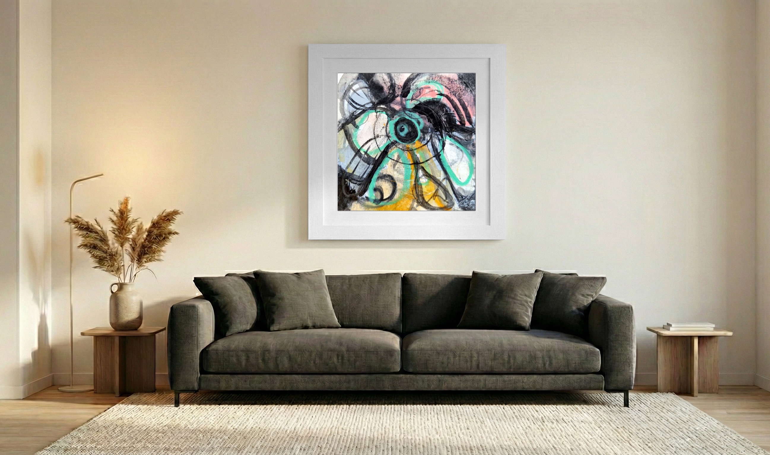 Whirling Energies, Abstract in Teal and Black — art on the wall, room interior preview 3