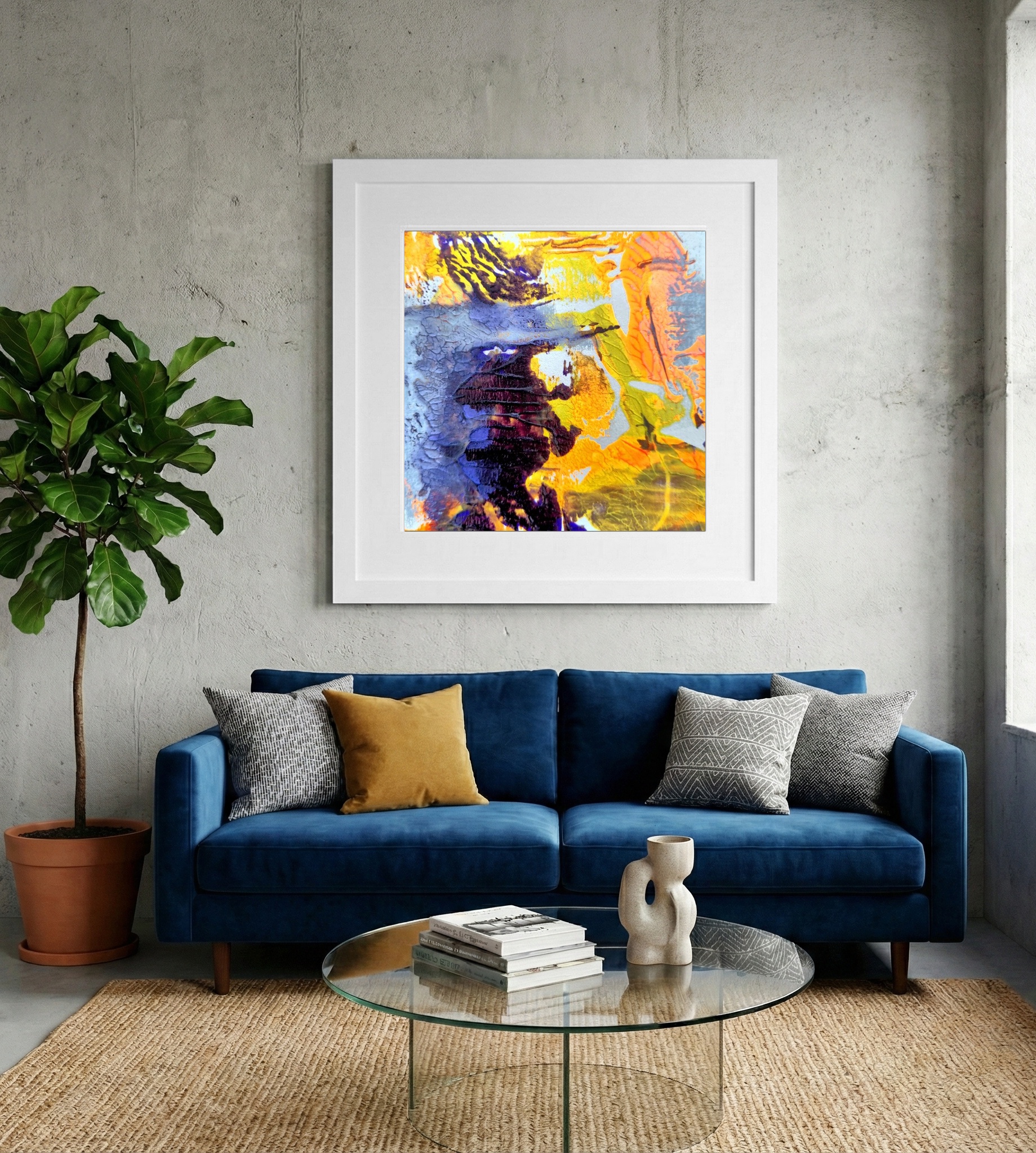 Mystic Glow, Abstract in Yellow and Purple — art on the wall, room interior preview 2