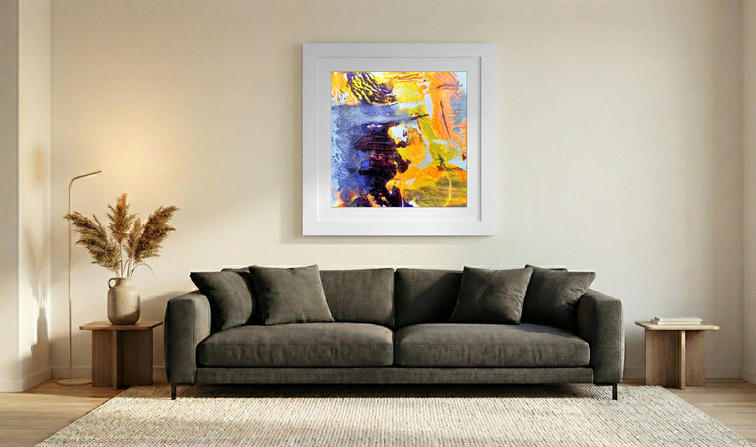 Mystic Glow, Abstract in Yellow and Purple — art on the wall, room interior preview 3