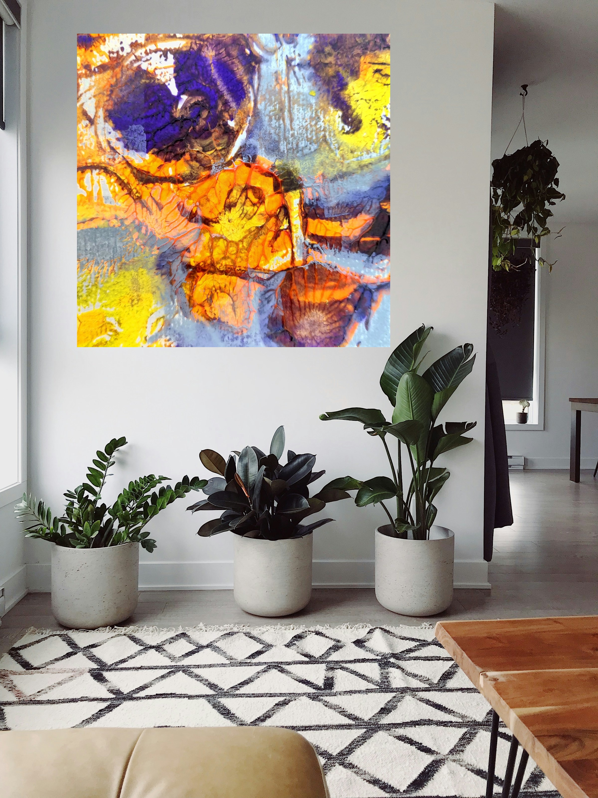 Whirling Dreams, Abstract in Orange and Purple — art on the wall, room interior preview 1