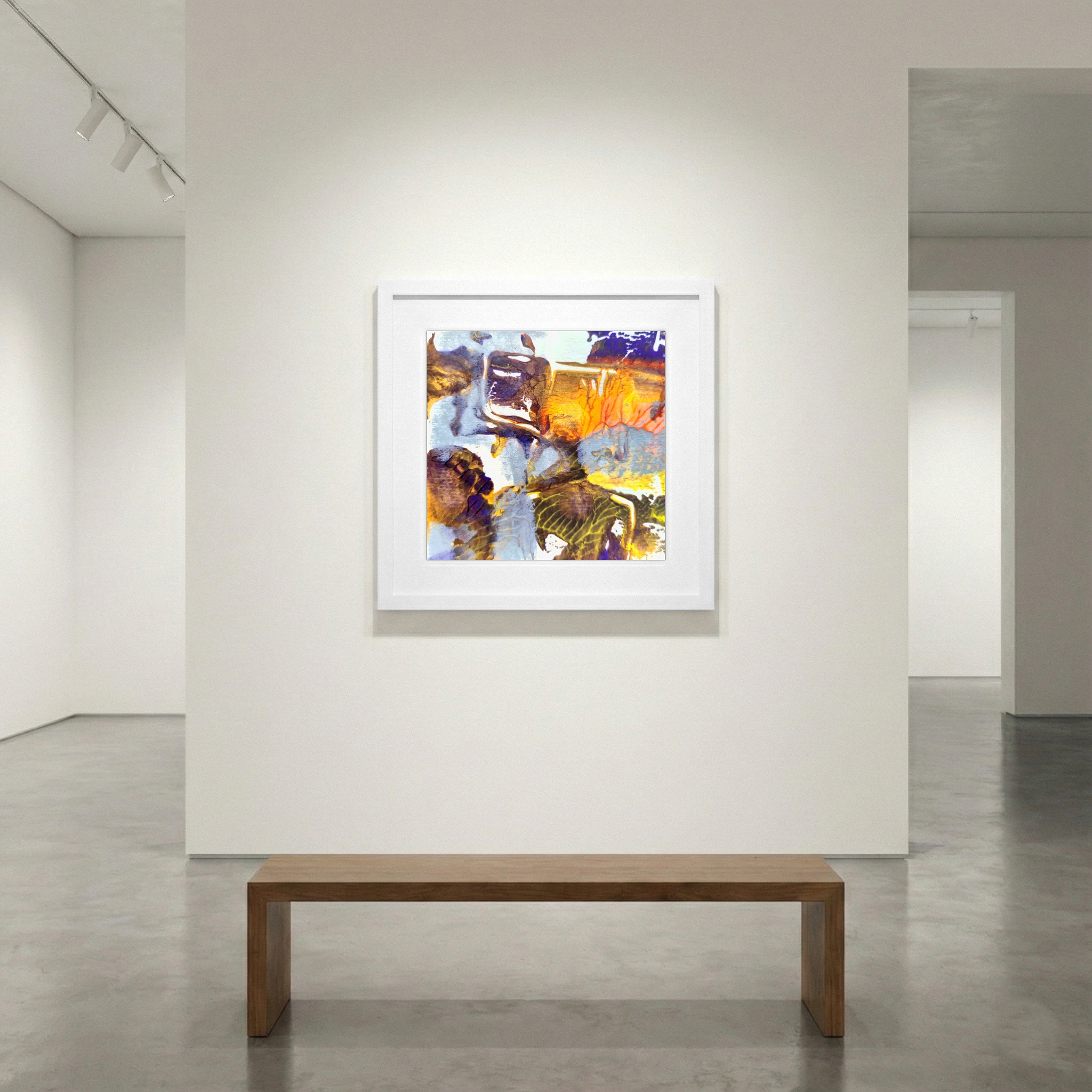 Golden Ember, Abstract in Ochre and Violet — art on the wall, room interior preview 1