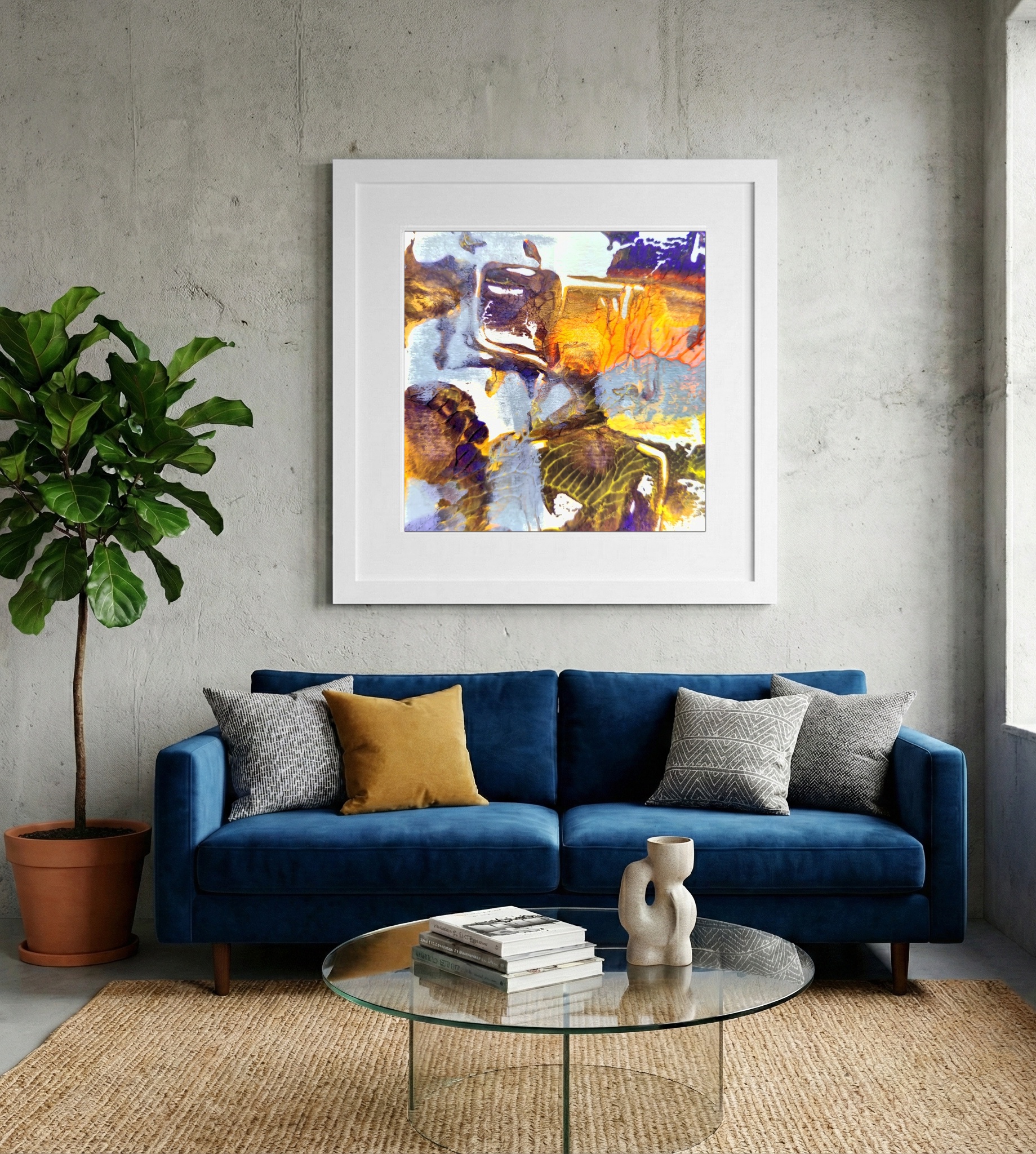 Golden Ember, Abstract in Ochre and Violet — art on the wall, room interior preview 2