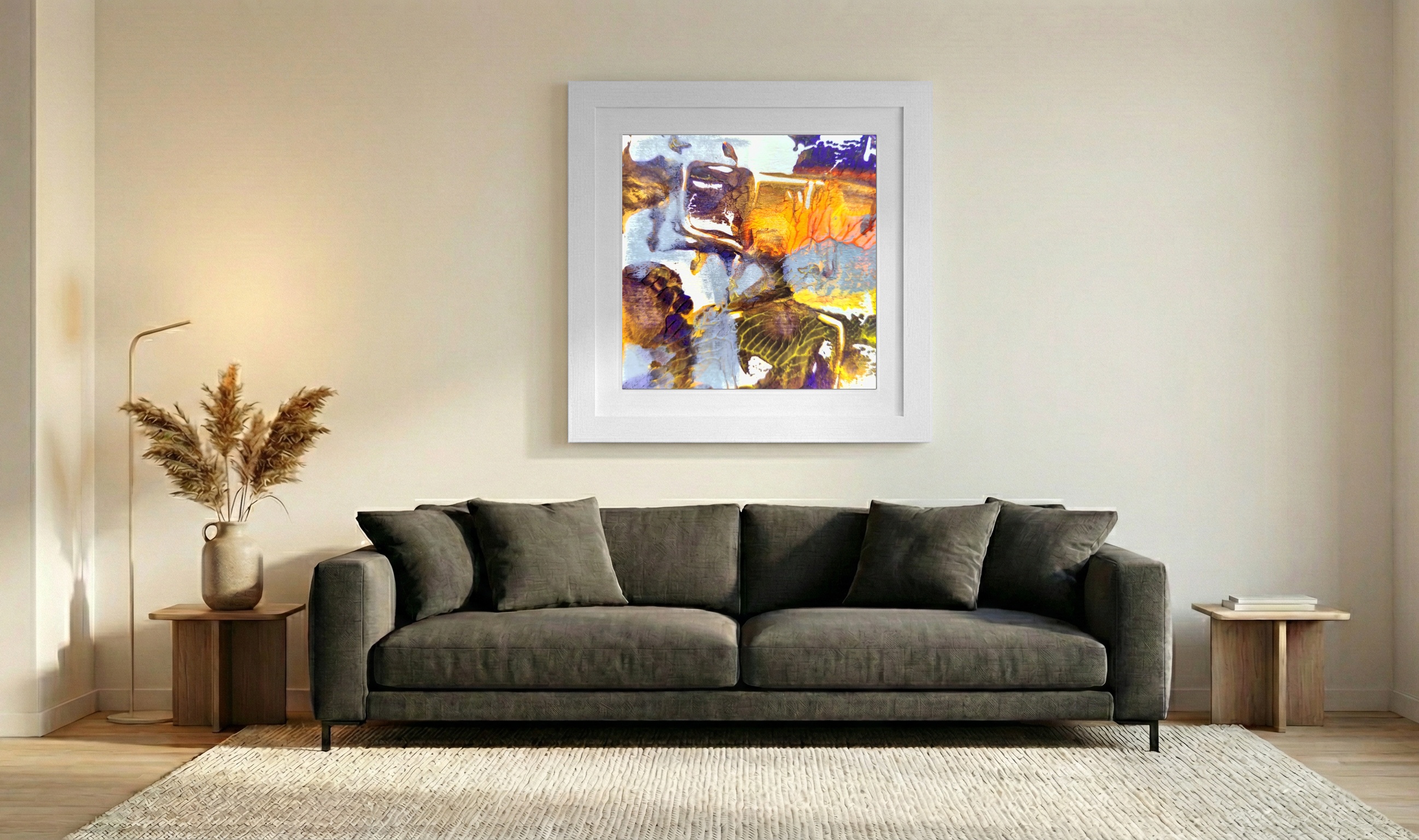 Golden Ember, Abstract in Ochre and Violet — art on the wall, room interior preview 3