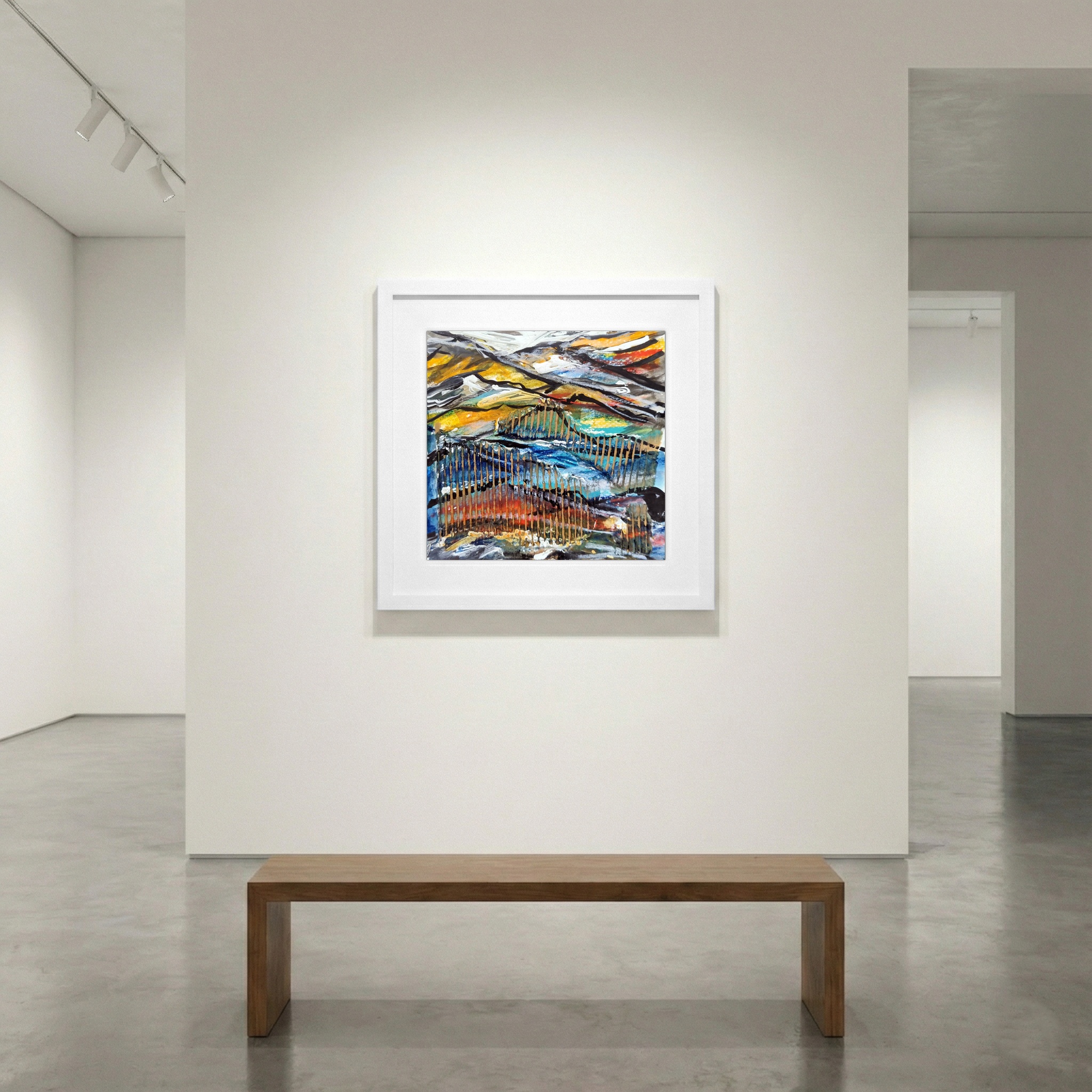 Blue and Gold Abstract Hills — art on the wall, room interior preview 1