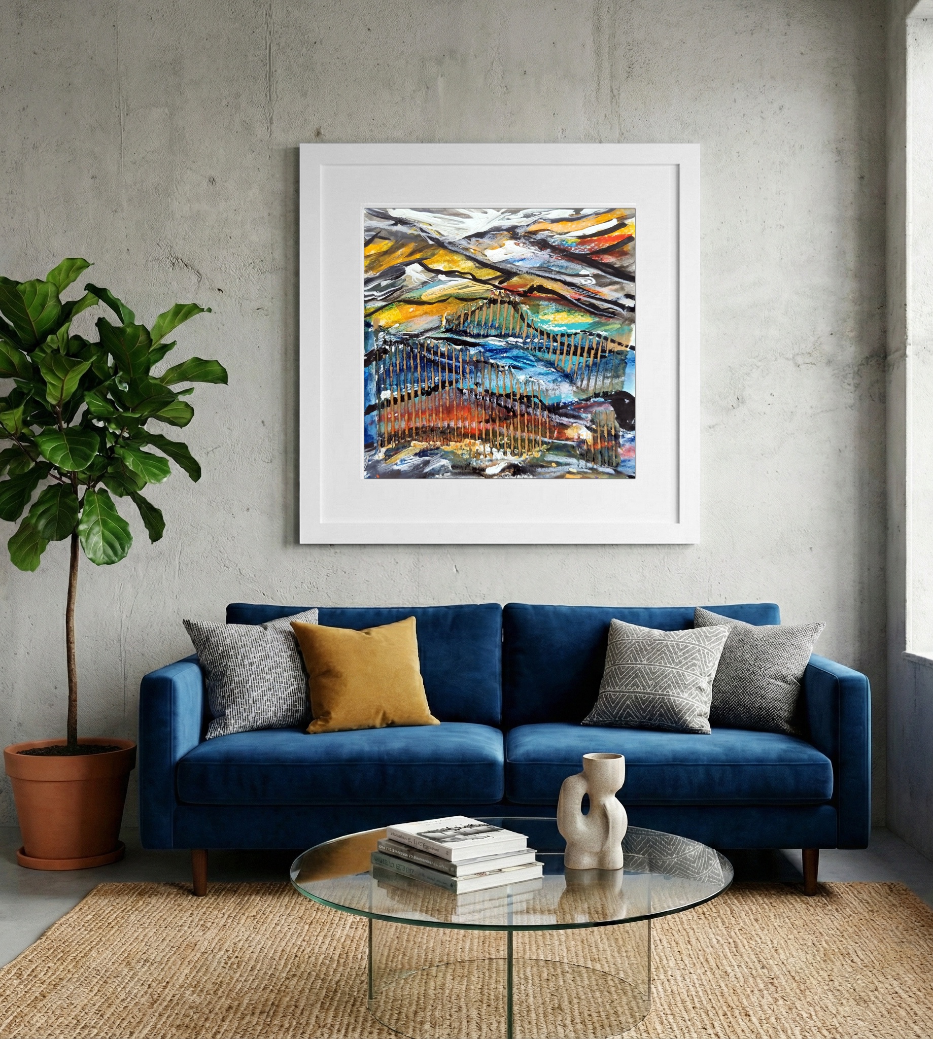 Blue and Gold Abstract Hills — art on the wall, room interior preview 2