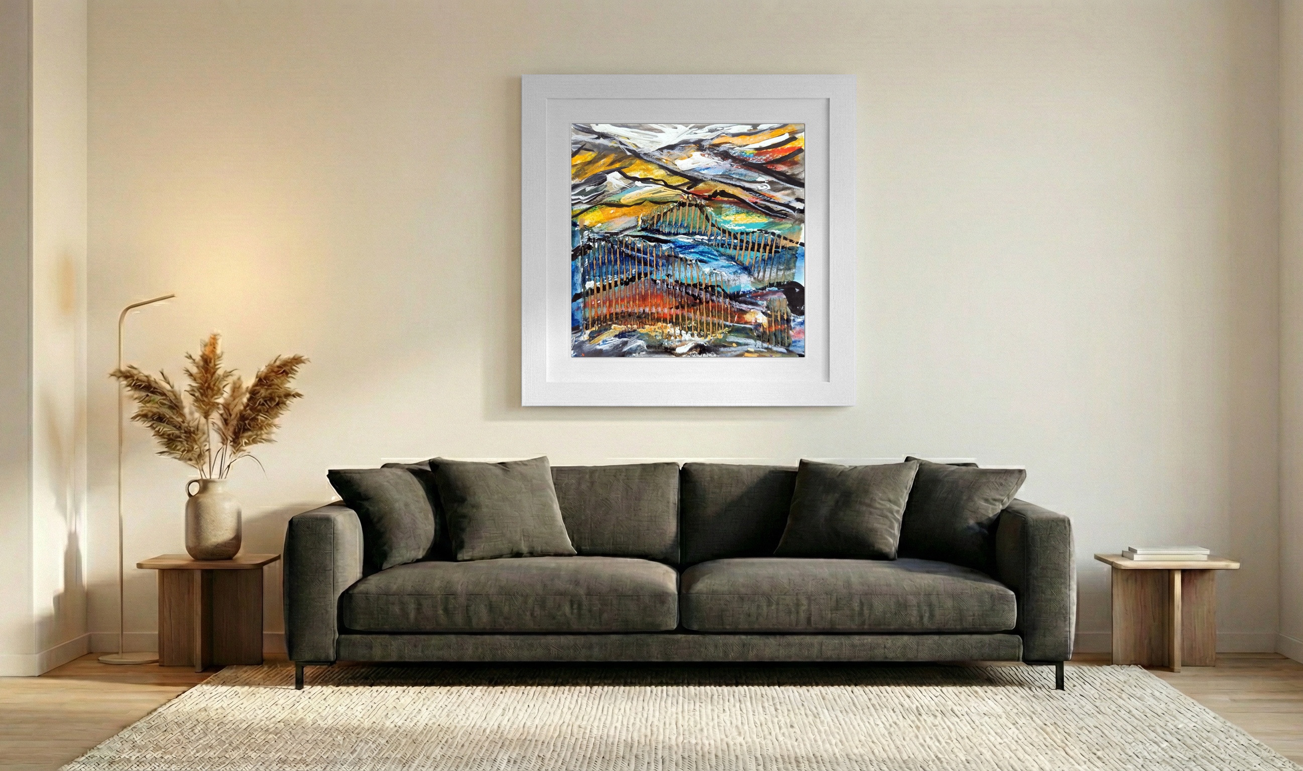 Blue and Gold Abstract Hills — art on the wall, room interior preview 3