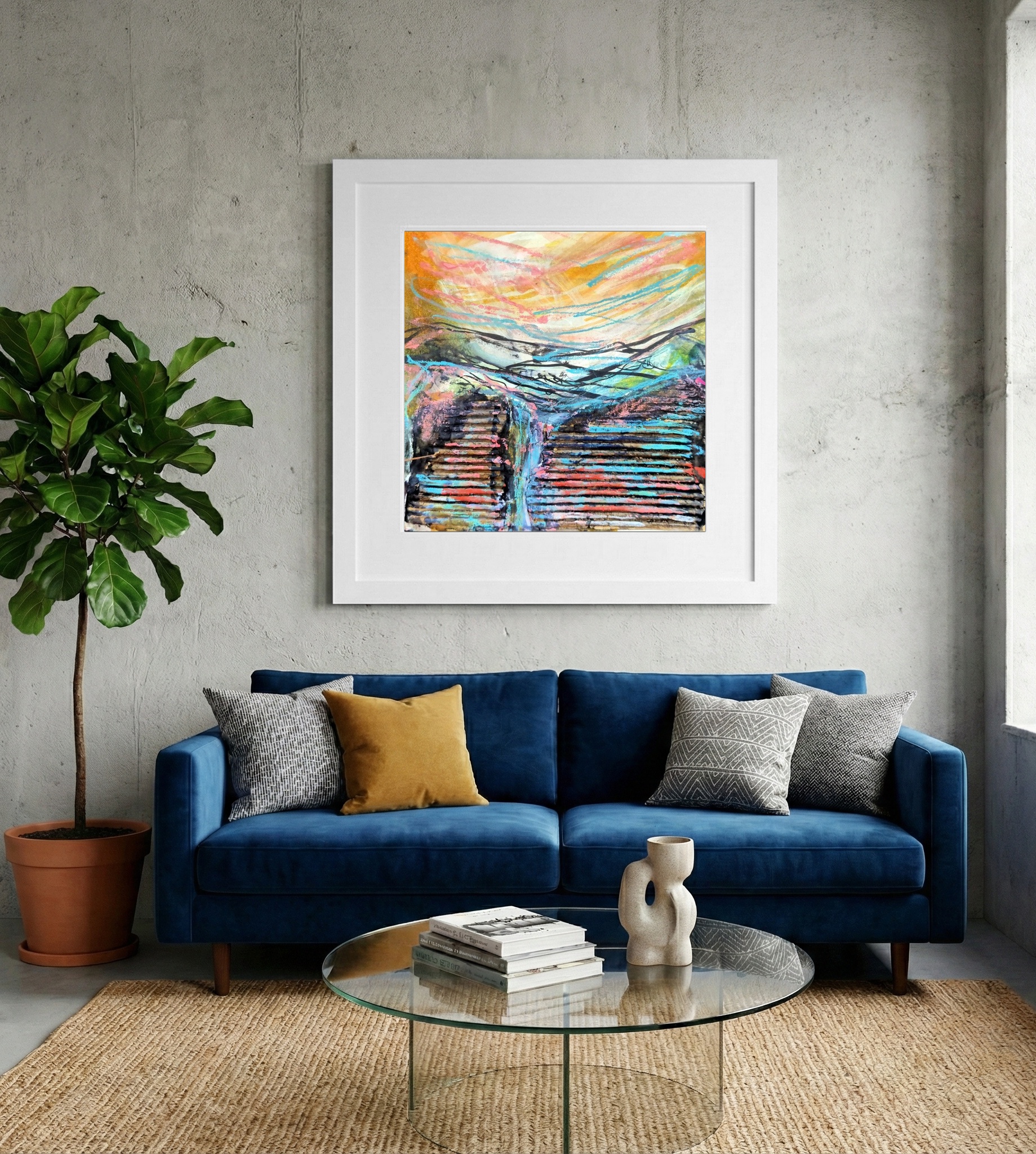 Blue and Orange Rolling Hills — art on the wall, room interior preview 2