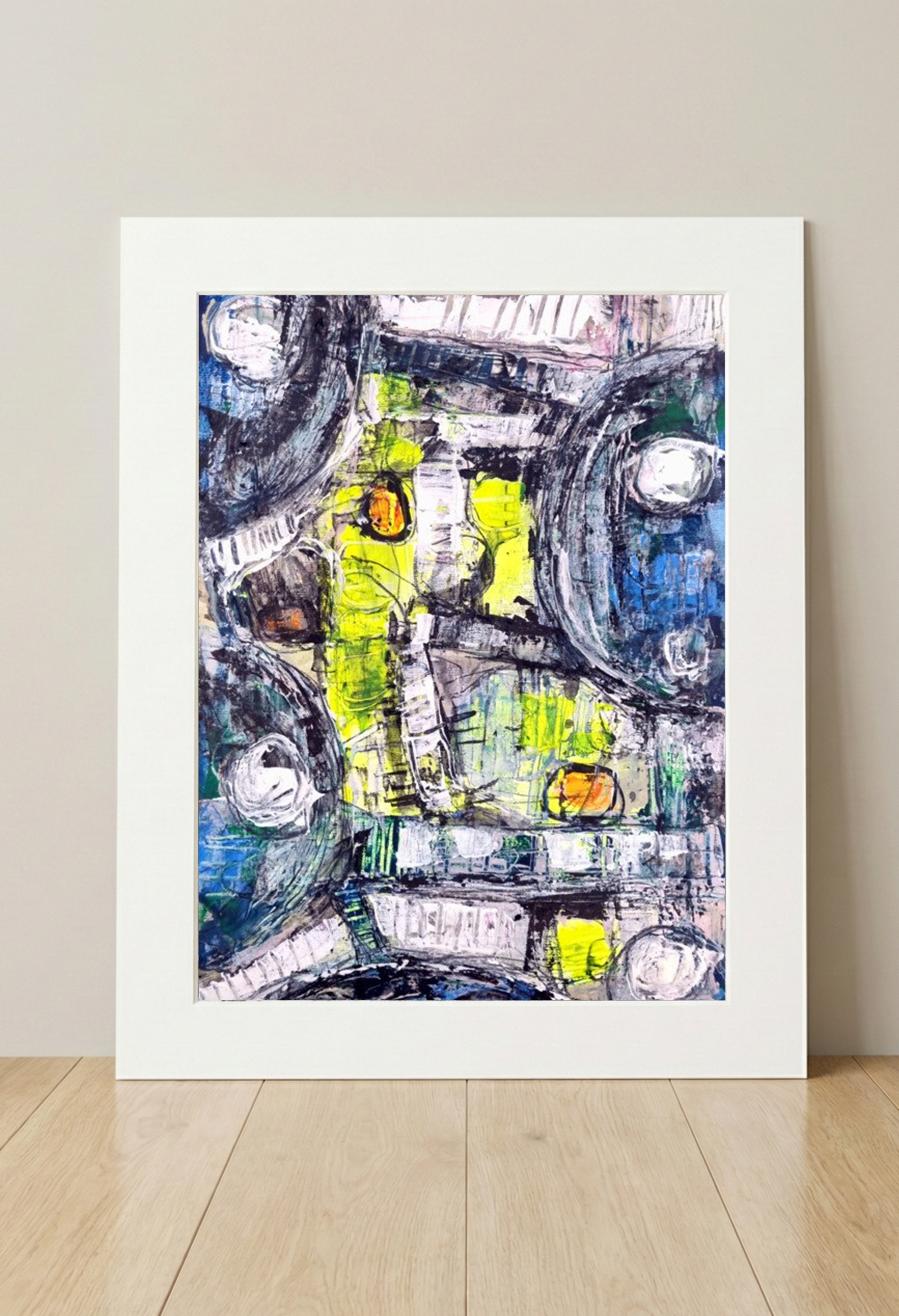 Vibrant Blue and Yellow Urban Swirls — art on the wall, room interior preview 3