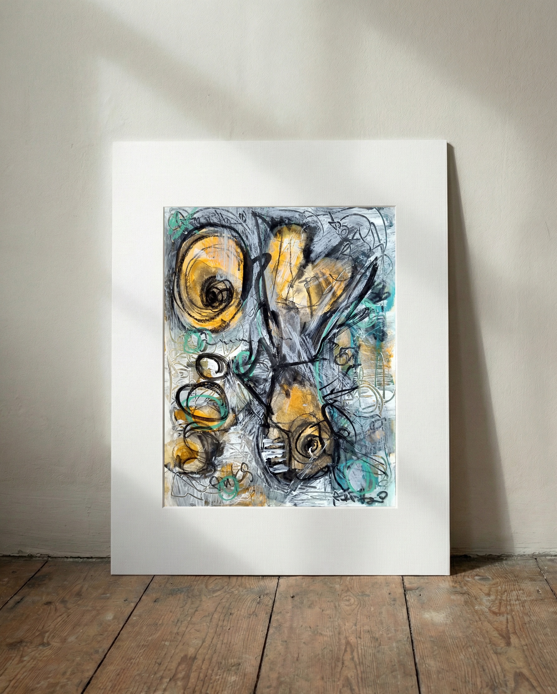 Yellow and Black Ethereal Swirls — art on the wall, room interior preview 3