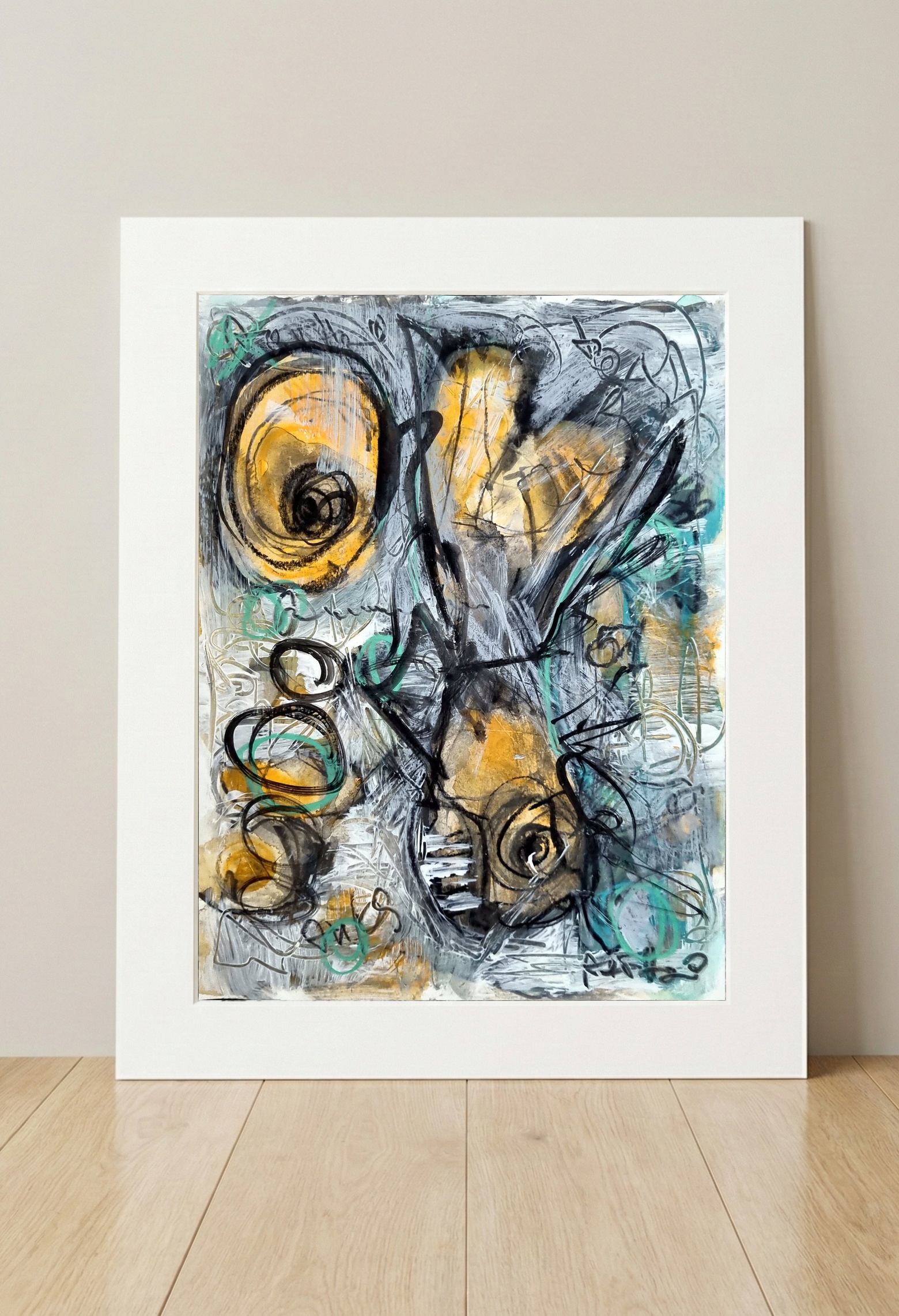 Yellow and Black Ethereal Swirls — art on the wall, room interior preview 2