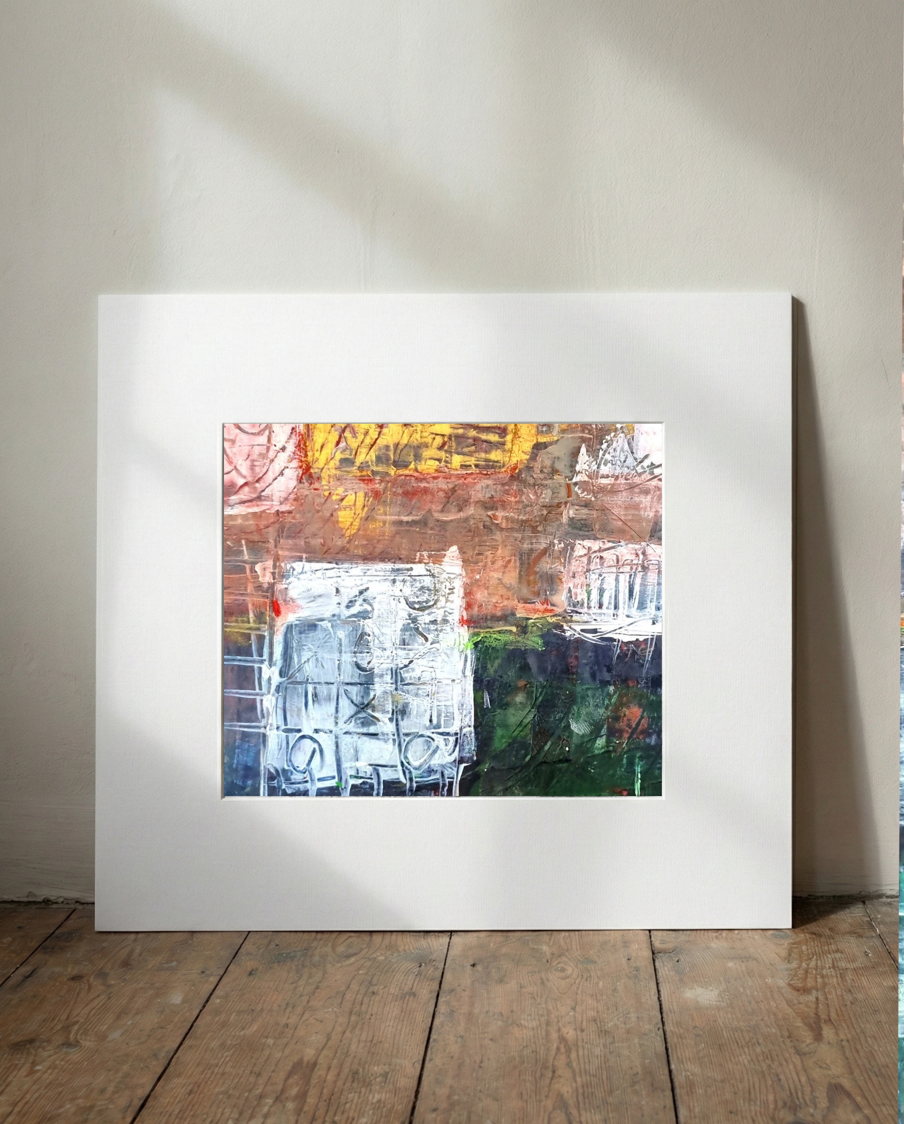 Playful Yellow and Green Geometric Forms — art on the wall, room interior preview 1