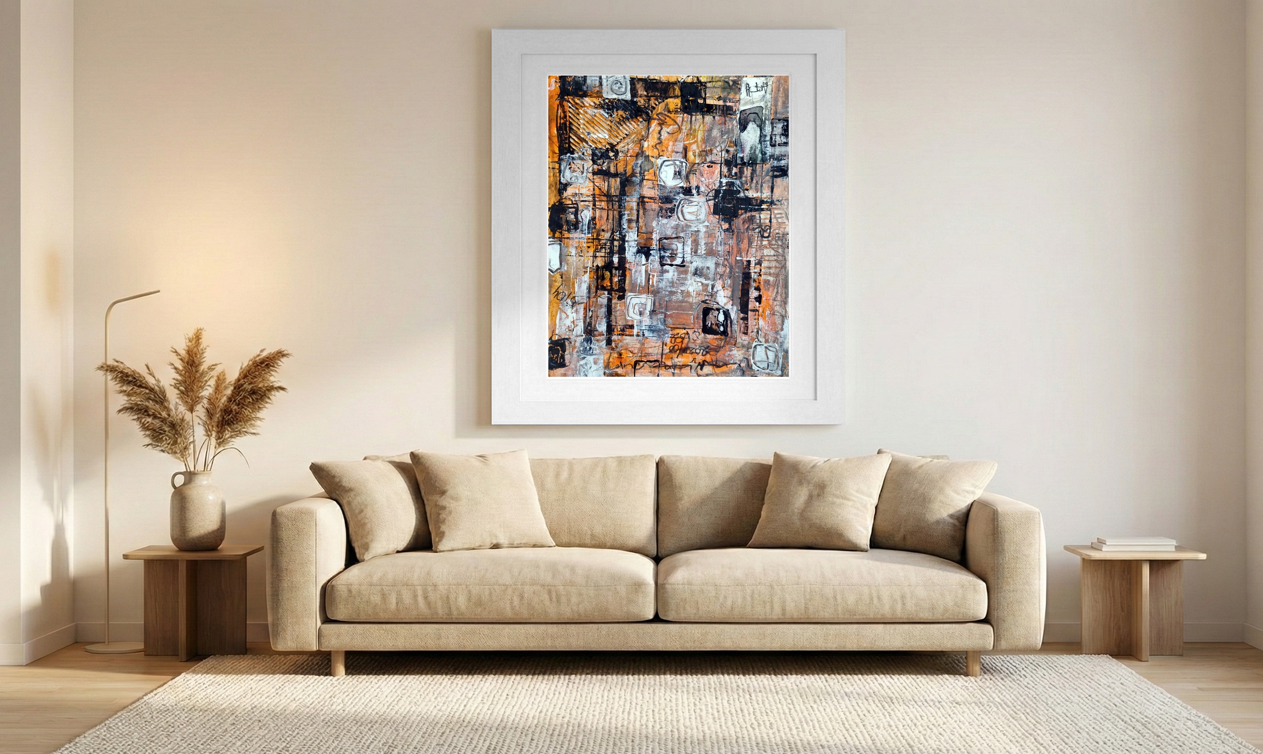 Abstract Orange and Black Patterns — art on the wall, room interior preview 1