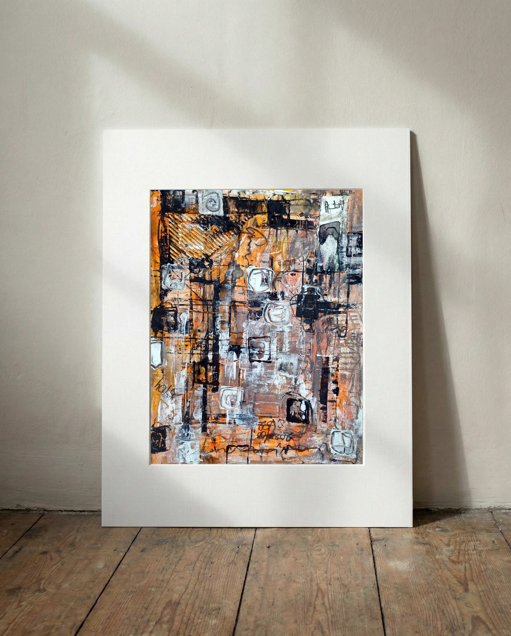 Abstract Orange and Black Patterns — art on the wall, room interior preview 3