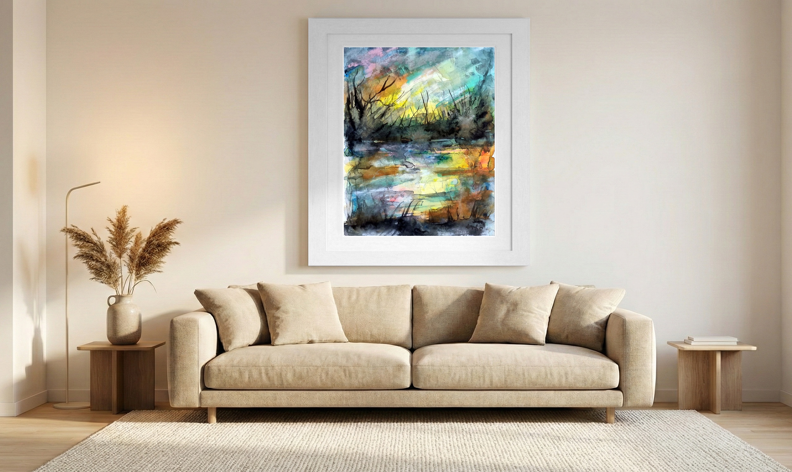 Warm Hued Riverbank at Dusk — art on the wall, room interior preview 1