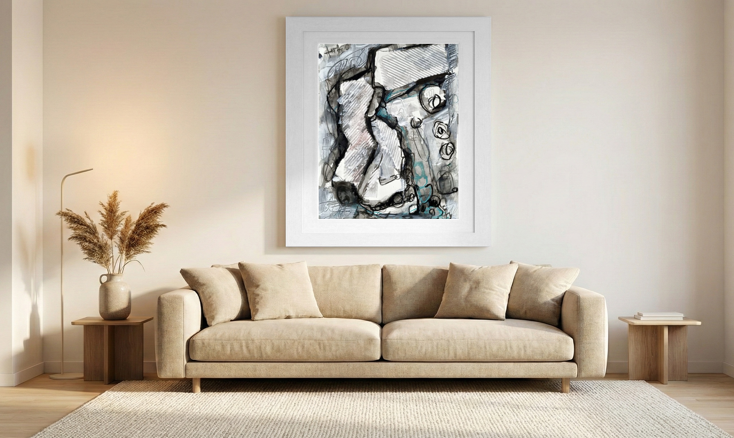 Grayscale Abstract with Teal Accents — art on the wall, room interior preview 1