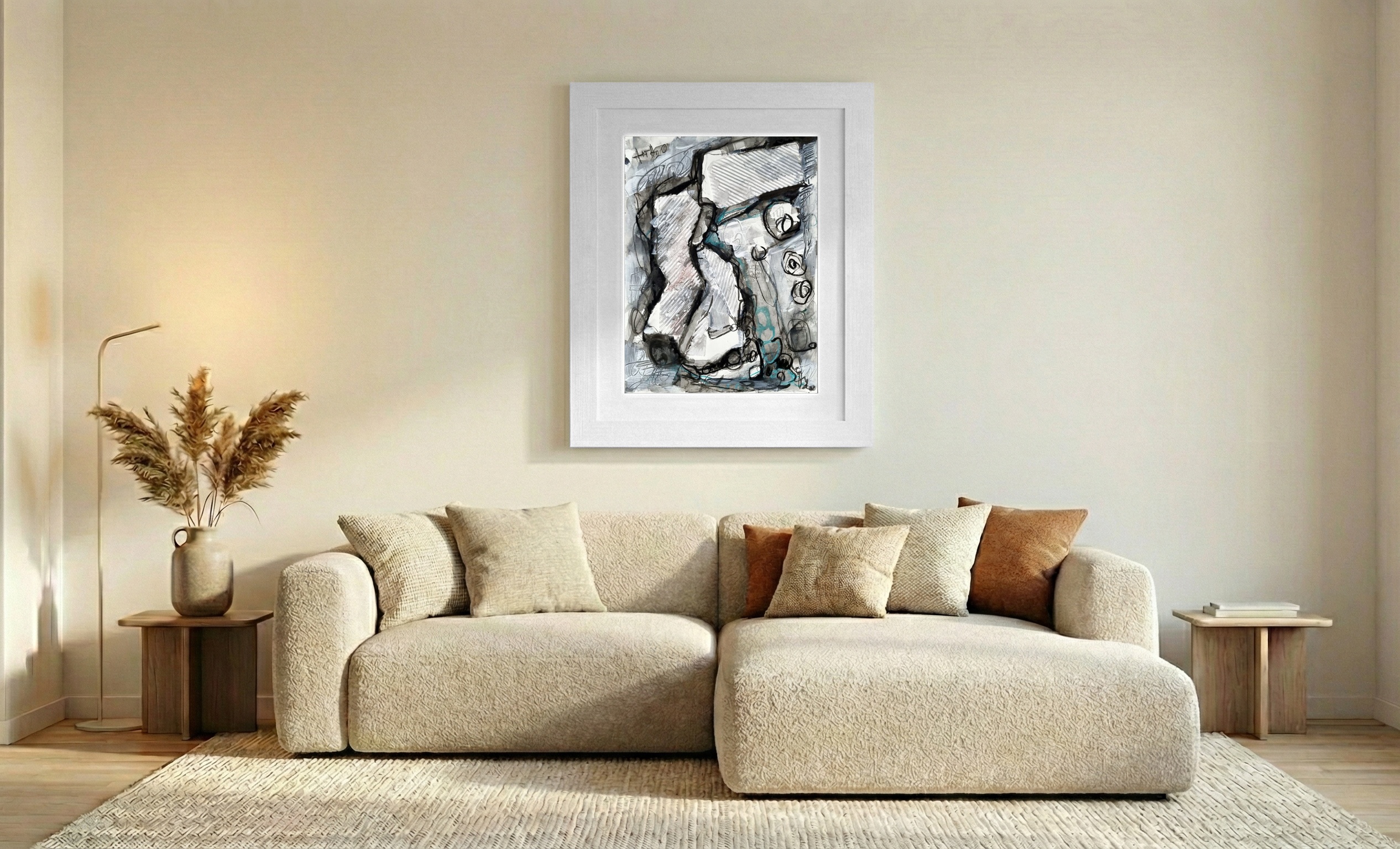 Grayscale Abstract with Teal Accents — art on the wall, room interior preview 2