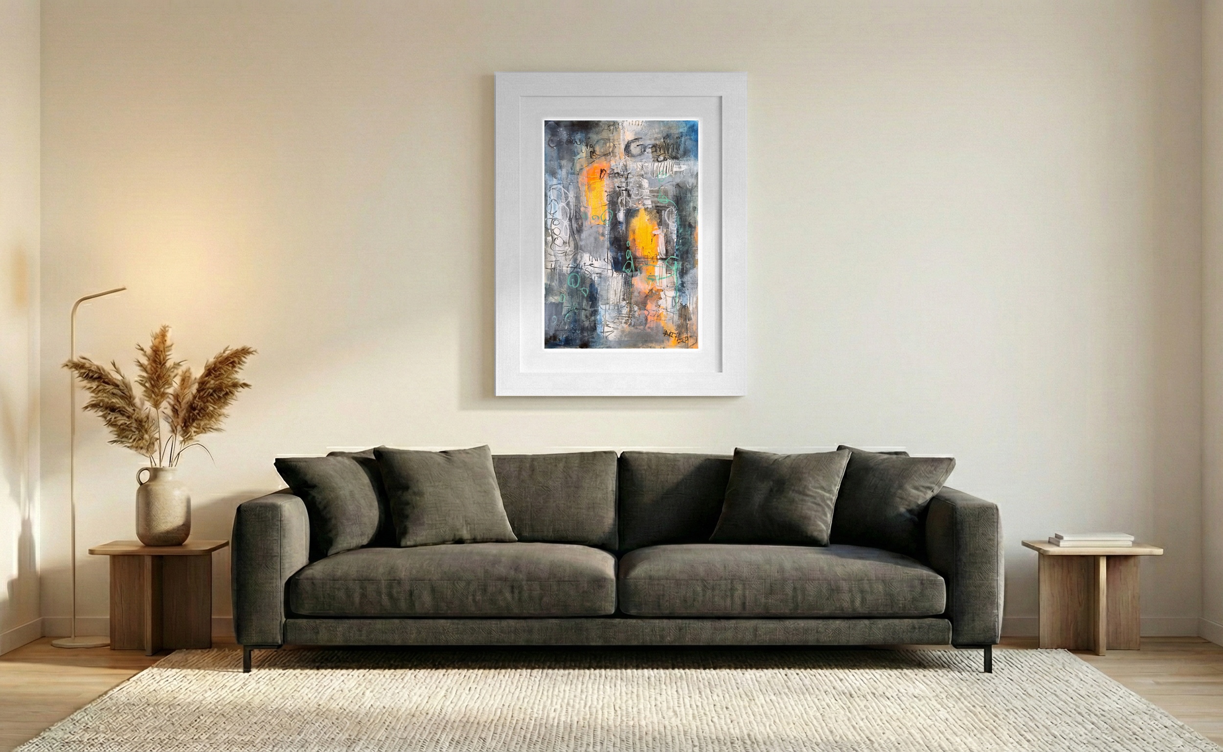 Blue and Orange Memory Abstract — art on the wall, room interior preview 1