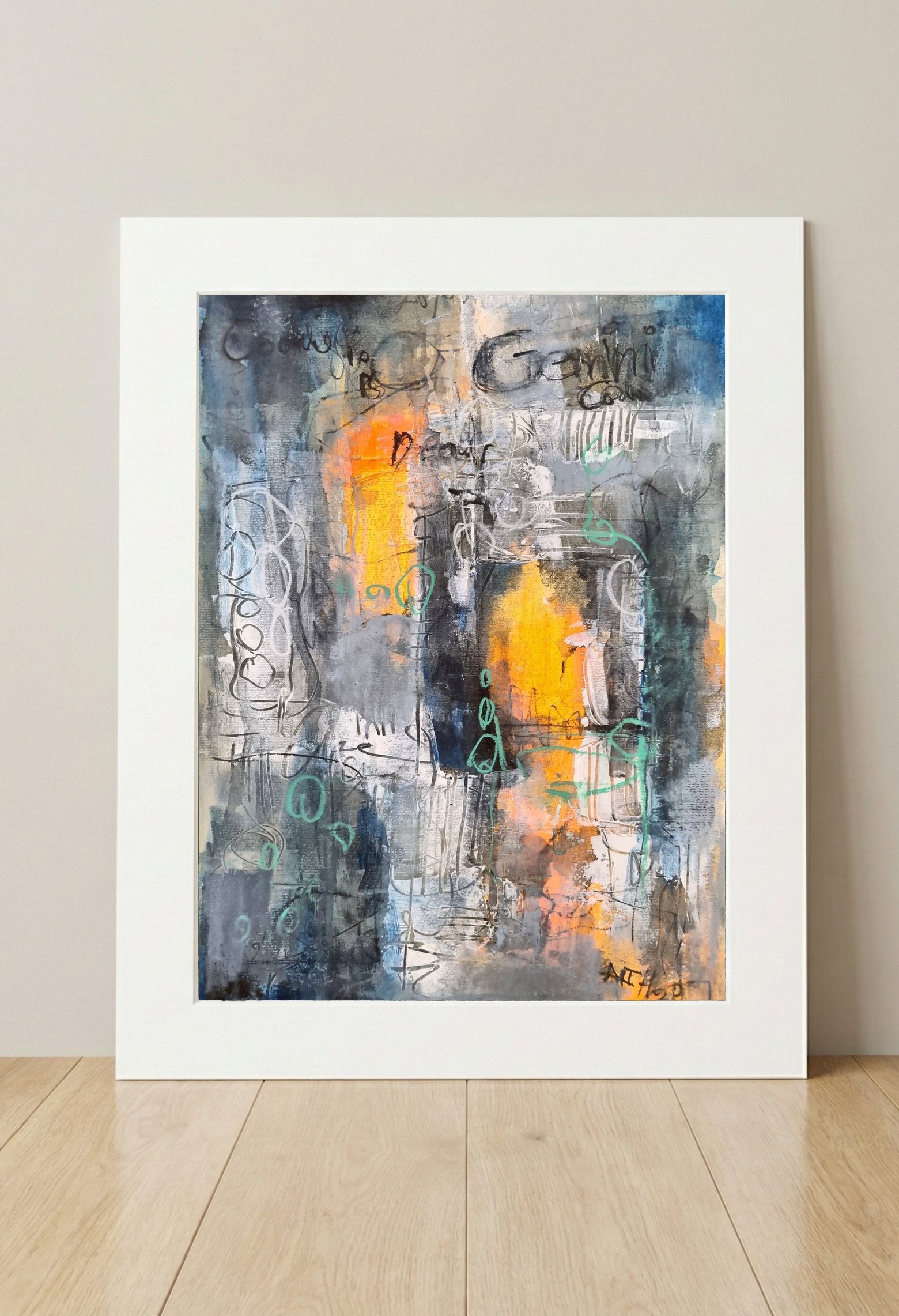 Blue and Orange Memory Abstract — art on the wall, room interior preview 3
