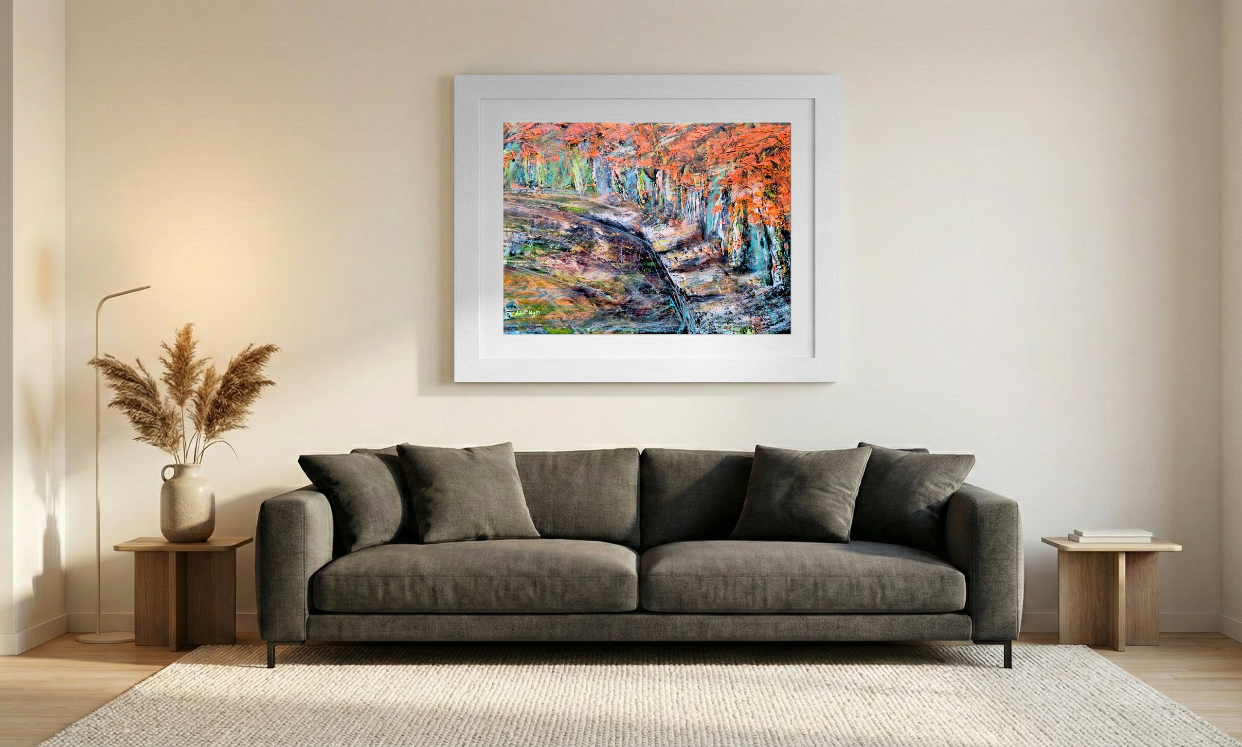 Fiery Orange and Teal Abstract Landscape — art on the wall, room interior preview 1