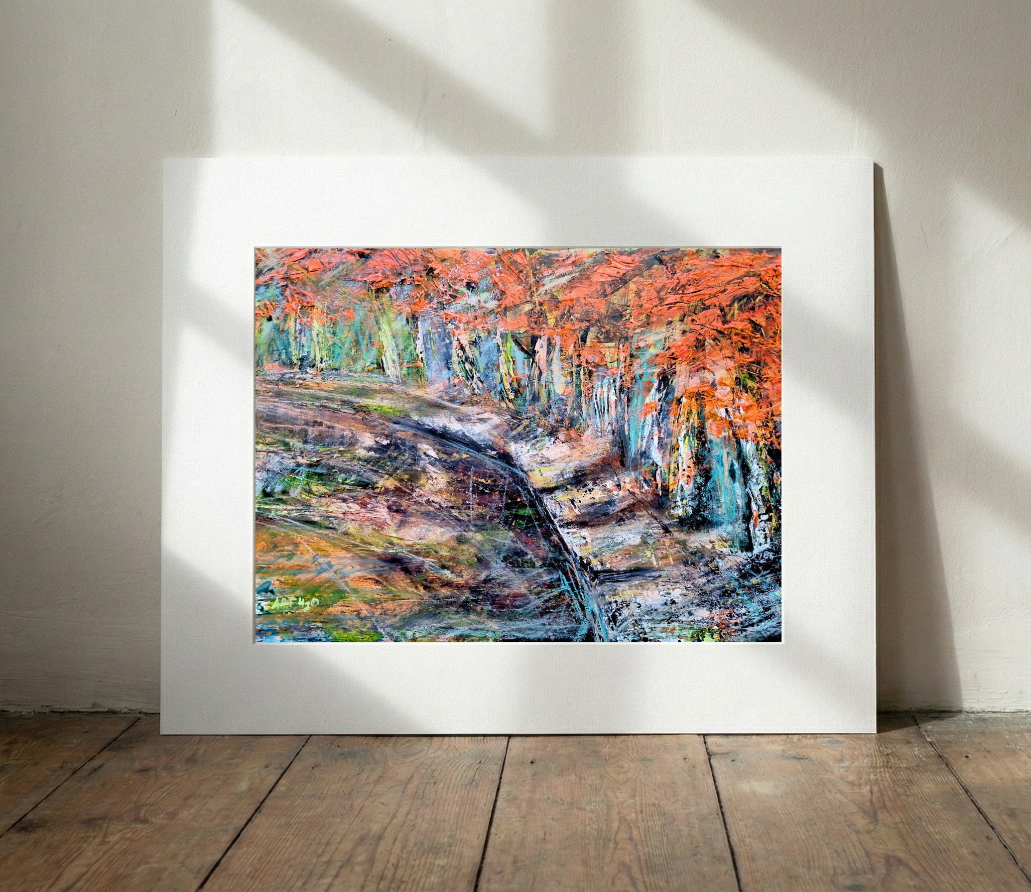 Fiery Orange and Teal Abstract Landscape — art on the wall, room interior preview 2